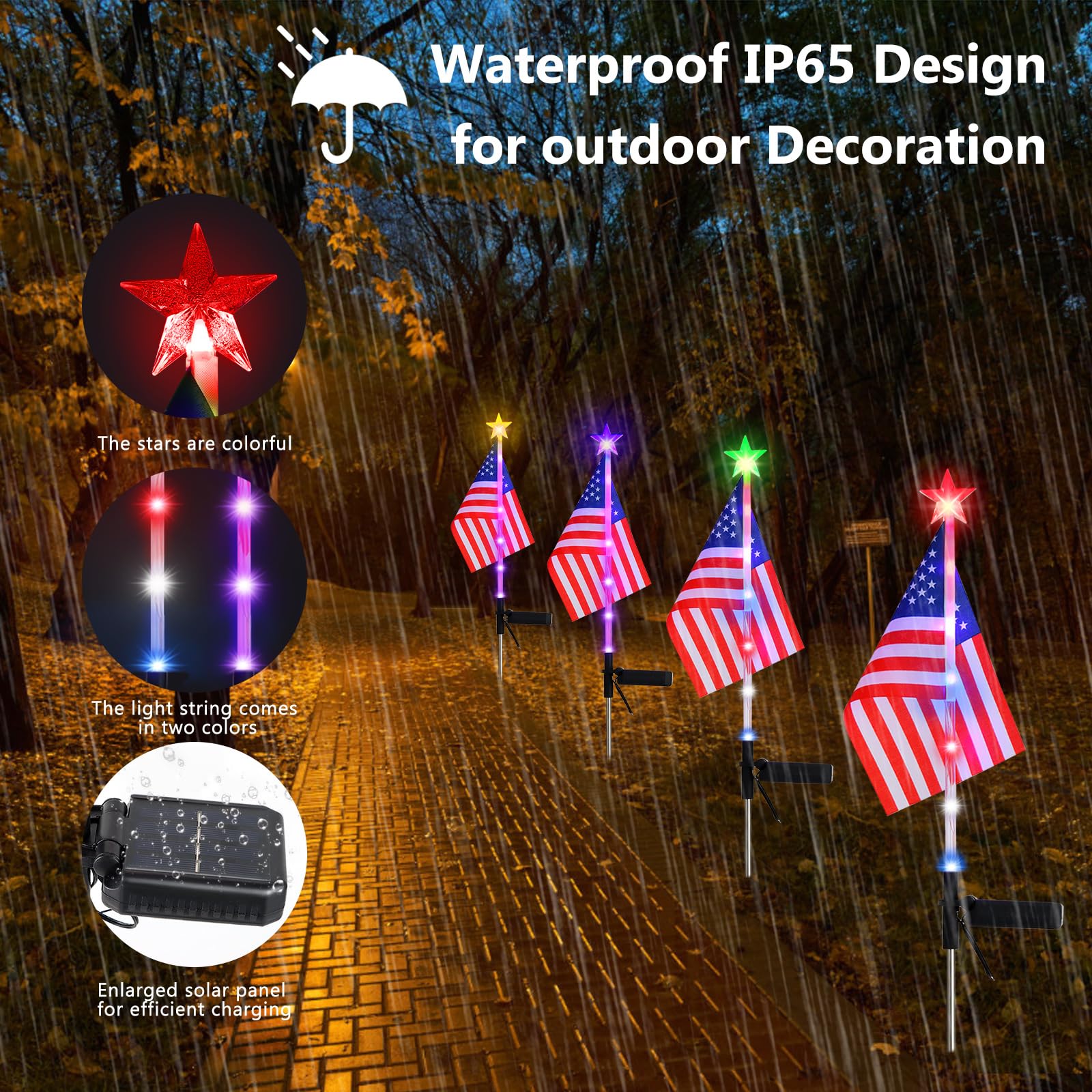 Kaitesla July 4Th Decorative Solar American Flag Lights July 4Th Solar Patriotic Flag Lights, 2 Modes Garden Pile Lights Led Landscape Lights Street Lights (Color Change), Xy-T001