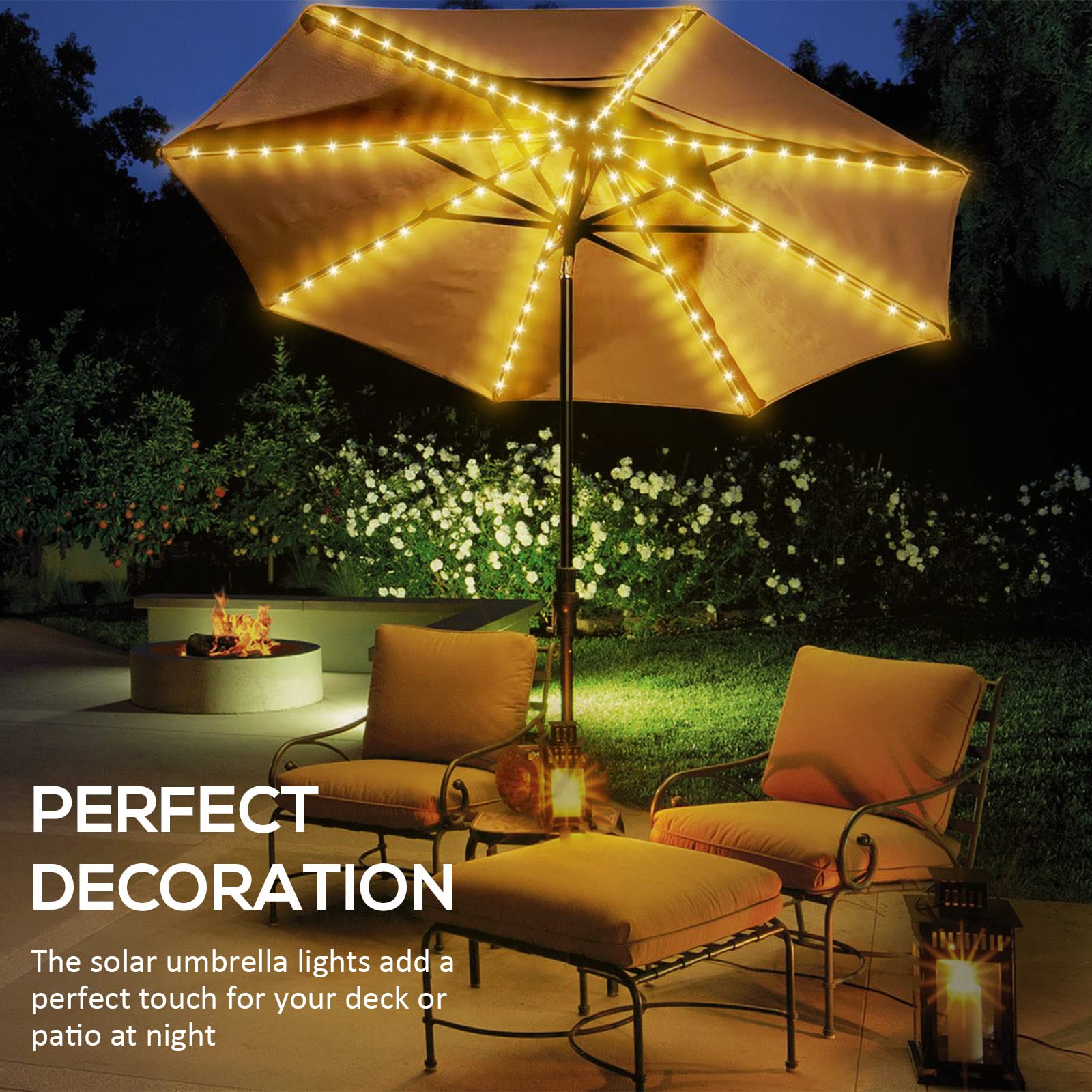 Eletorot Solar Patio Umbrella Lights,8 Lighting Modes String Lights With Clip,Remote Control Umbrella Pole Lights Solar Powered Waterproof For Outdoor Patio Beach Tent Garden Party Decorate Warm
