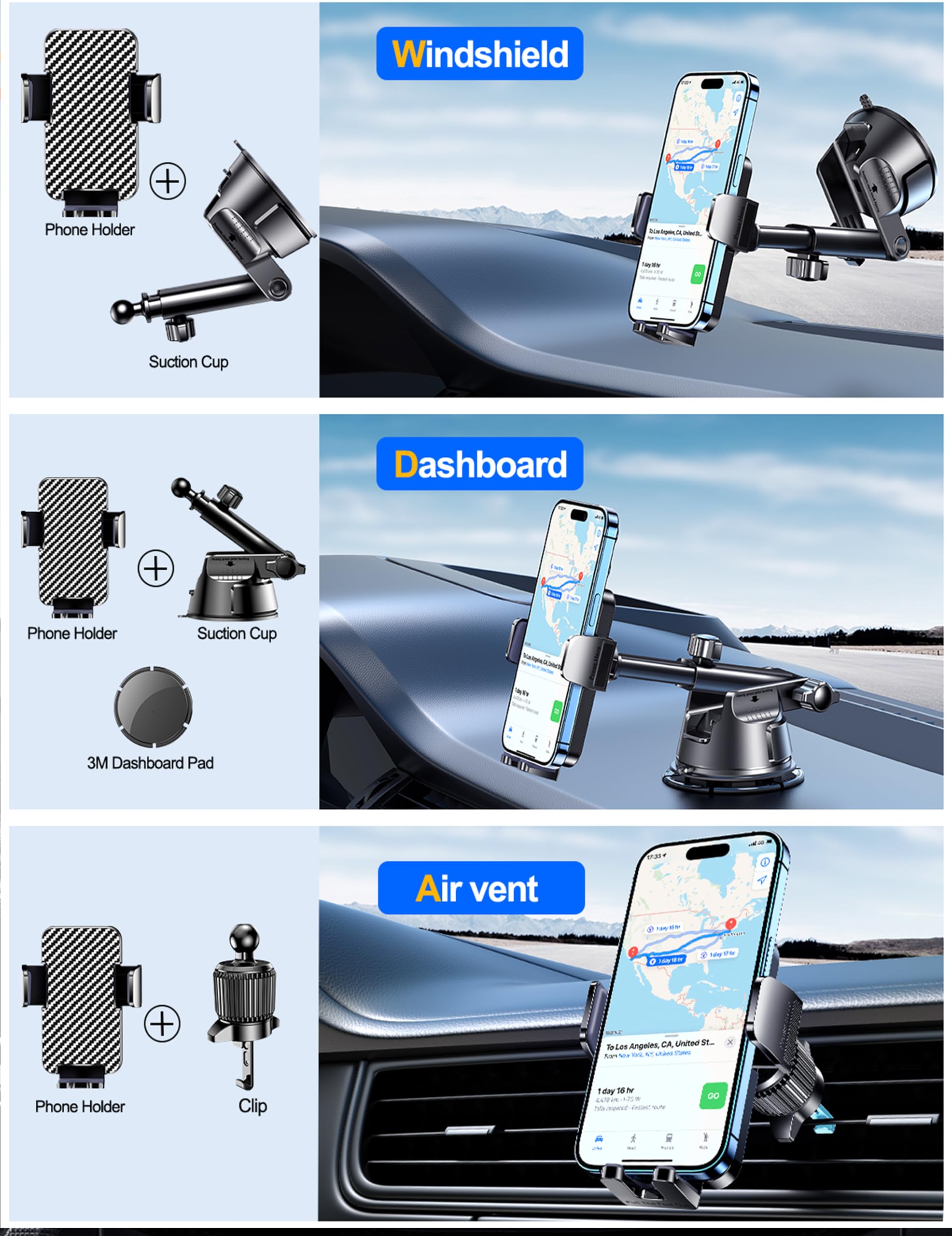 Qifutan Dash Mounted Holders Phone Holders For Your Car Phone Mount For Car Windshield Dashboard Air Vent Universal Hands  Automobile Cell Phone Holder Fit For Iphone Smartphone