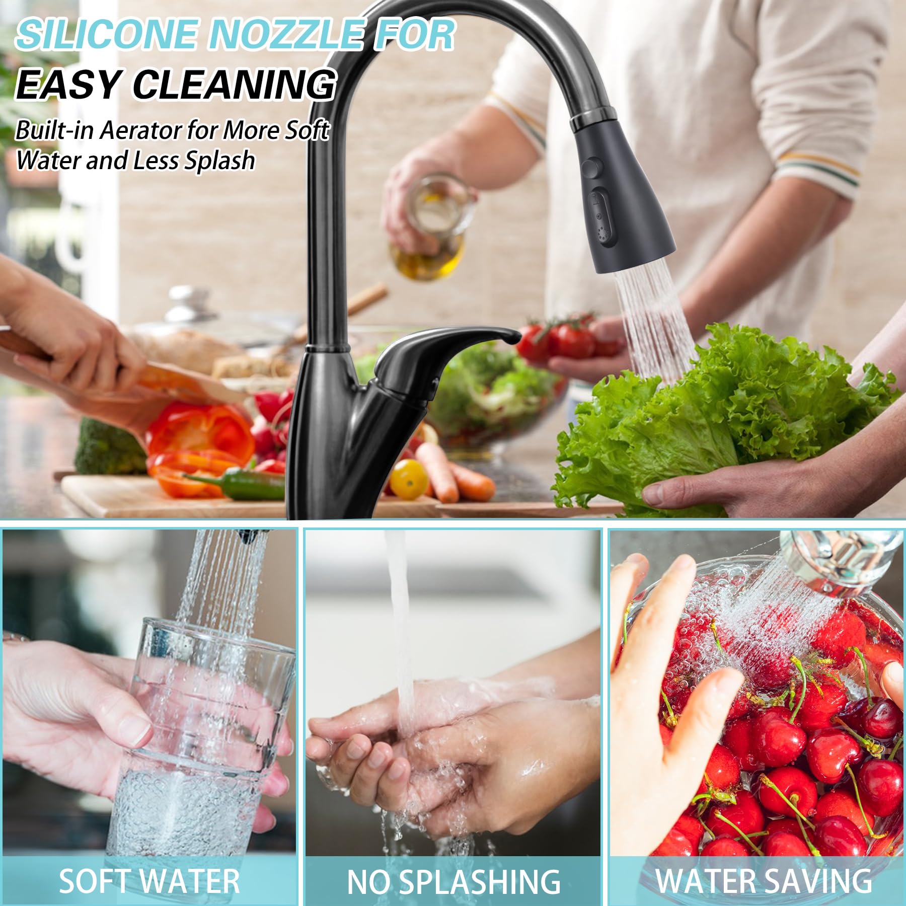 Hsmhose Kitchen Faucet Head Replacement 4 Modes, Pull Down Faucet Sprayer Head Nozzle Kitchen Sink Faucet Head With 11 Adapters（Black）