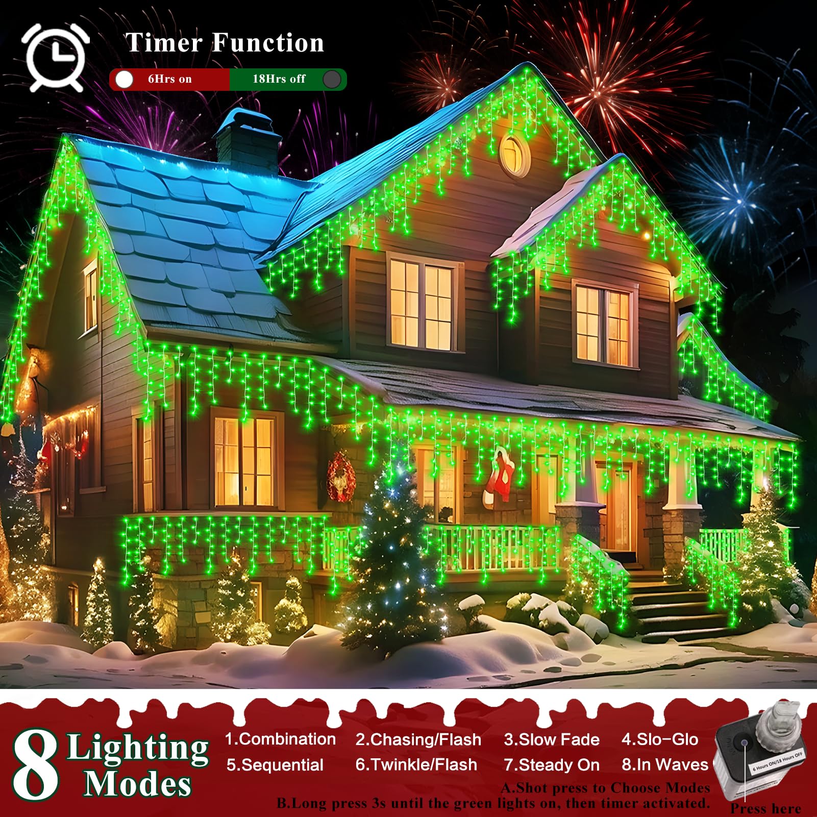 Xurisen 66Ft Christmas Lights Decorations Outdoor, 640 Led 8 Modes Curtain Fairy Lights With 120 Drops,Plug In Waterproof Timer Memory Function For Christmas Holiday Wedding Party Decor(Green)