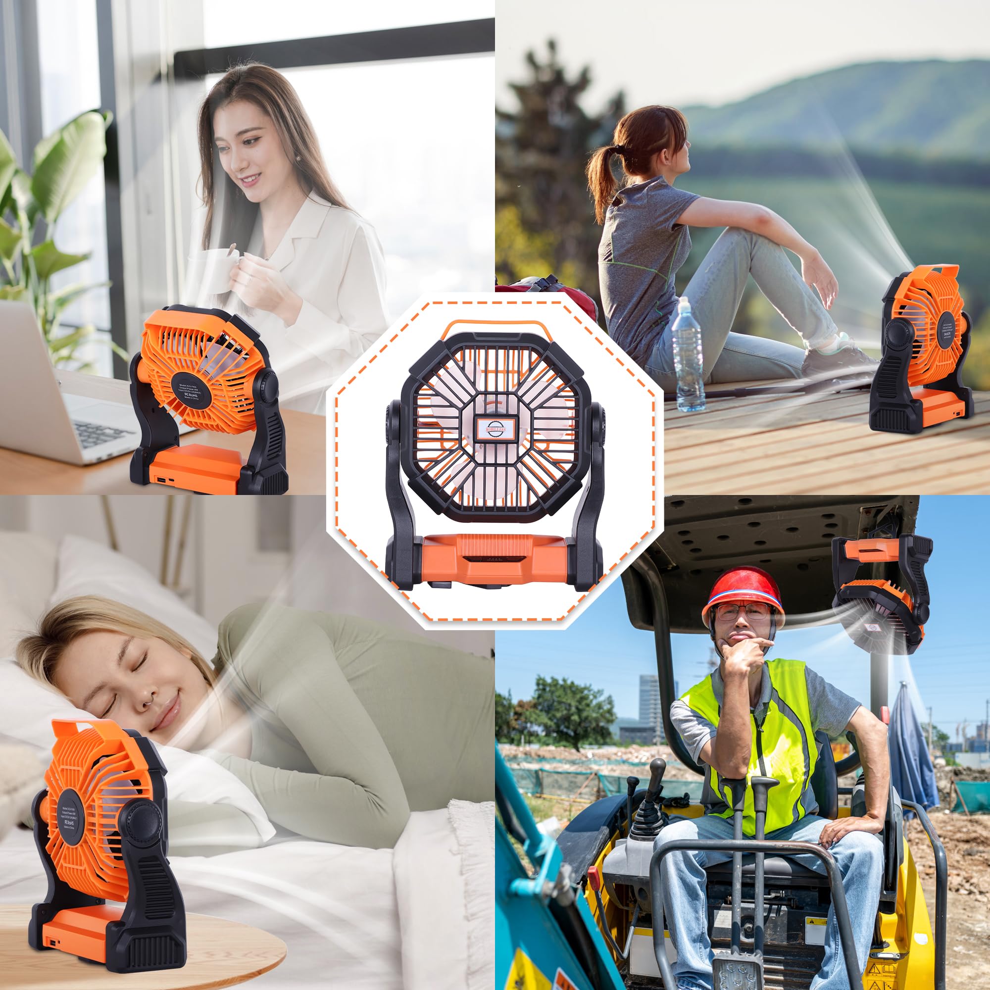 Portable fan with 270° pivot and rechargeable battery, perfect for outdoor camping and flexible cooling options
