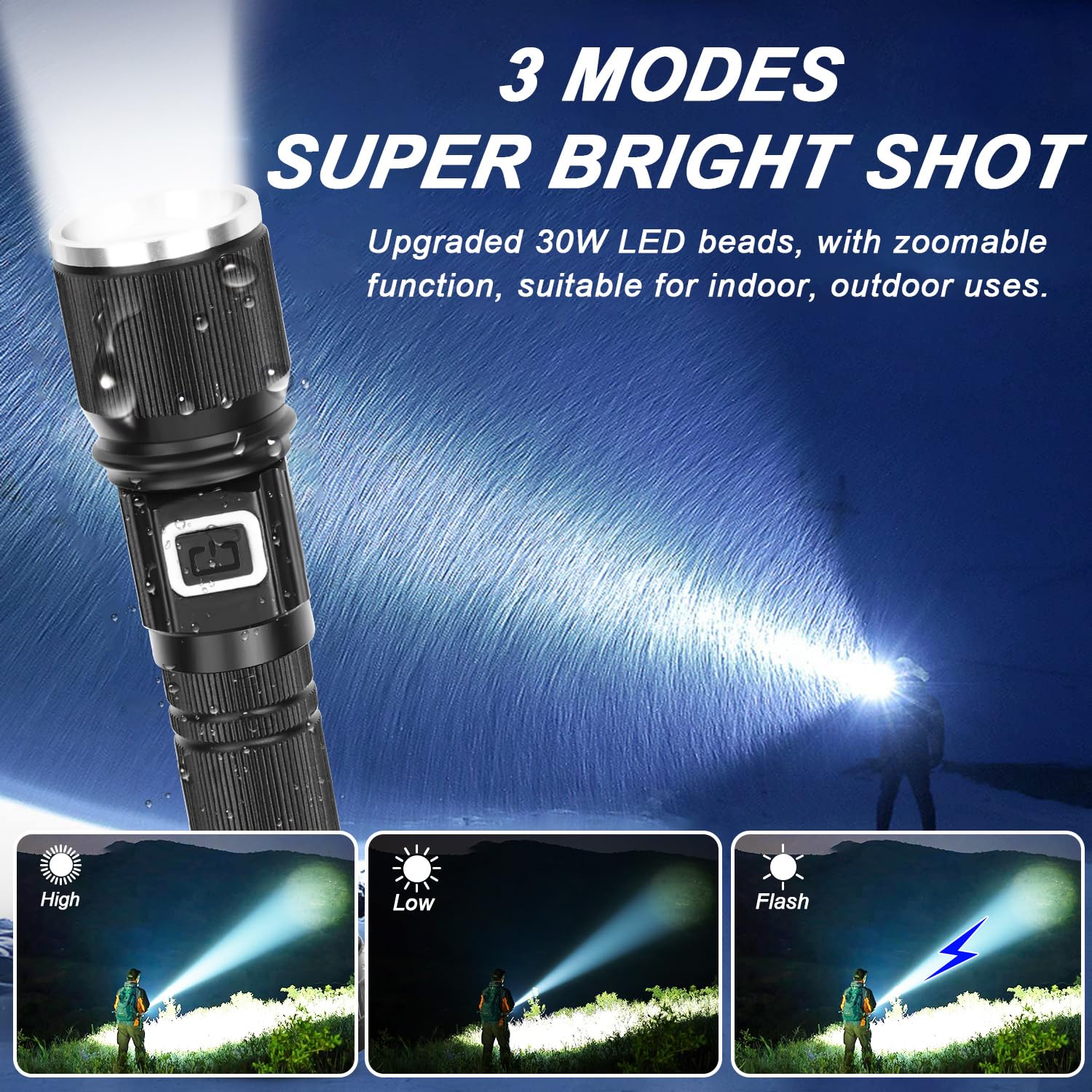 Annteneo Rechargeable Flashlight With Lcd Display, 1300Lumen Super Bright Small Pocket Flashlight, 3 Modes Led Utility Flash Light, Zoomable Waterproof For Camping And Home(1Pack, Black Cw)