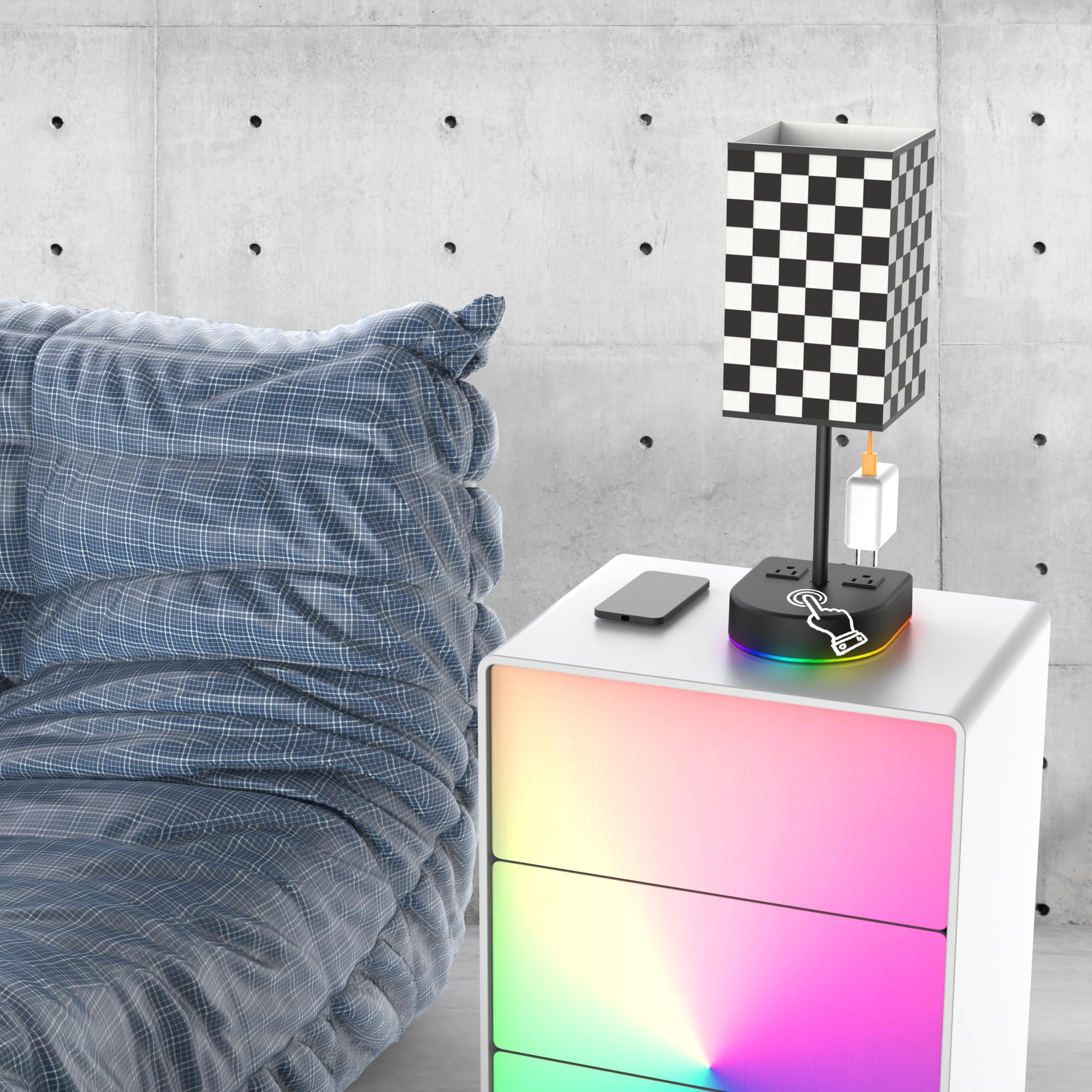 Bgmutcx Touch Control Bedside Table Lamp With 12W Led Light Bulb And Chess Board Fabric Shade,2 Ac Outlet, 3 Color Modes,For Bed Room/Nightstand/Office/Living Room Guest Room