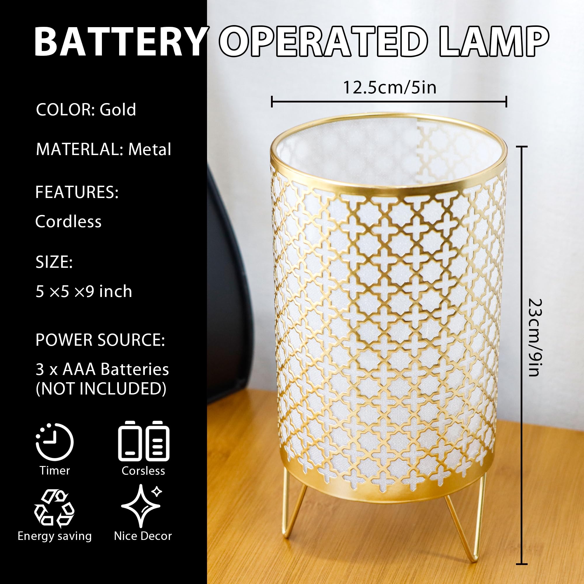 Trirocks Set Of 2 Battery Operated Lamp 9'' High Cordless Table Lamp Battery Powered Lanterns With 6H Timer For Home Living Room Weddings Parties Patio Events Outdoors Indoors Shelf(Gold)