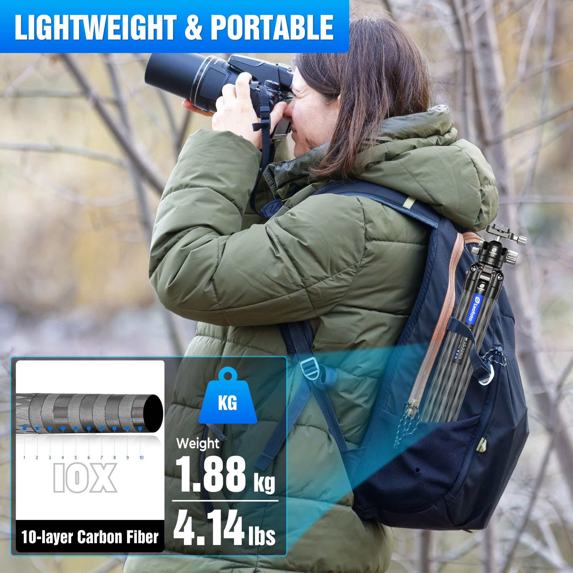 Leofoto 71" Travel Tripod Carbon Fiber For Camera, Compact Lightweight Tripod With 360° Panorama Ball Head, Qr Plate, Removable Center Column, Load Up To 15Kg/33Lbs (Ls-324Cx+Lh-40)