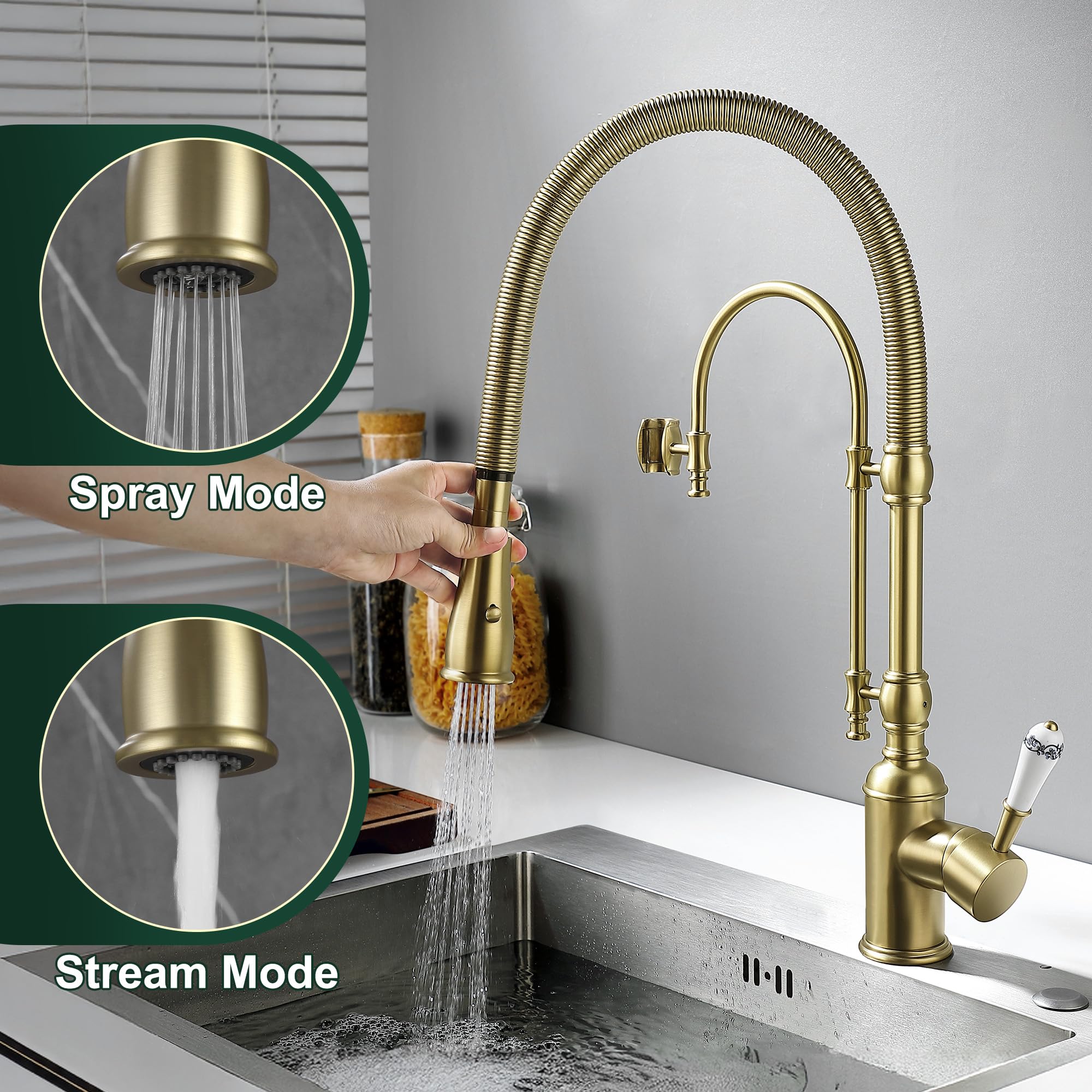 Ialtruistic Antique High Arc Classical Single Handle Spring Kitchen Faucet With Pull Down Sprayer, Swiveling Commercial Kitchen Sink Faucets For Farmhouse, Vintage Sink Faucet, Brushed Gold