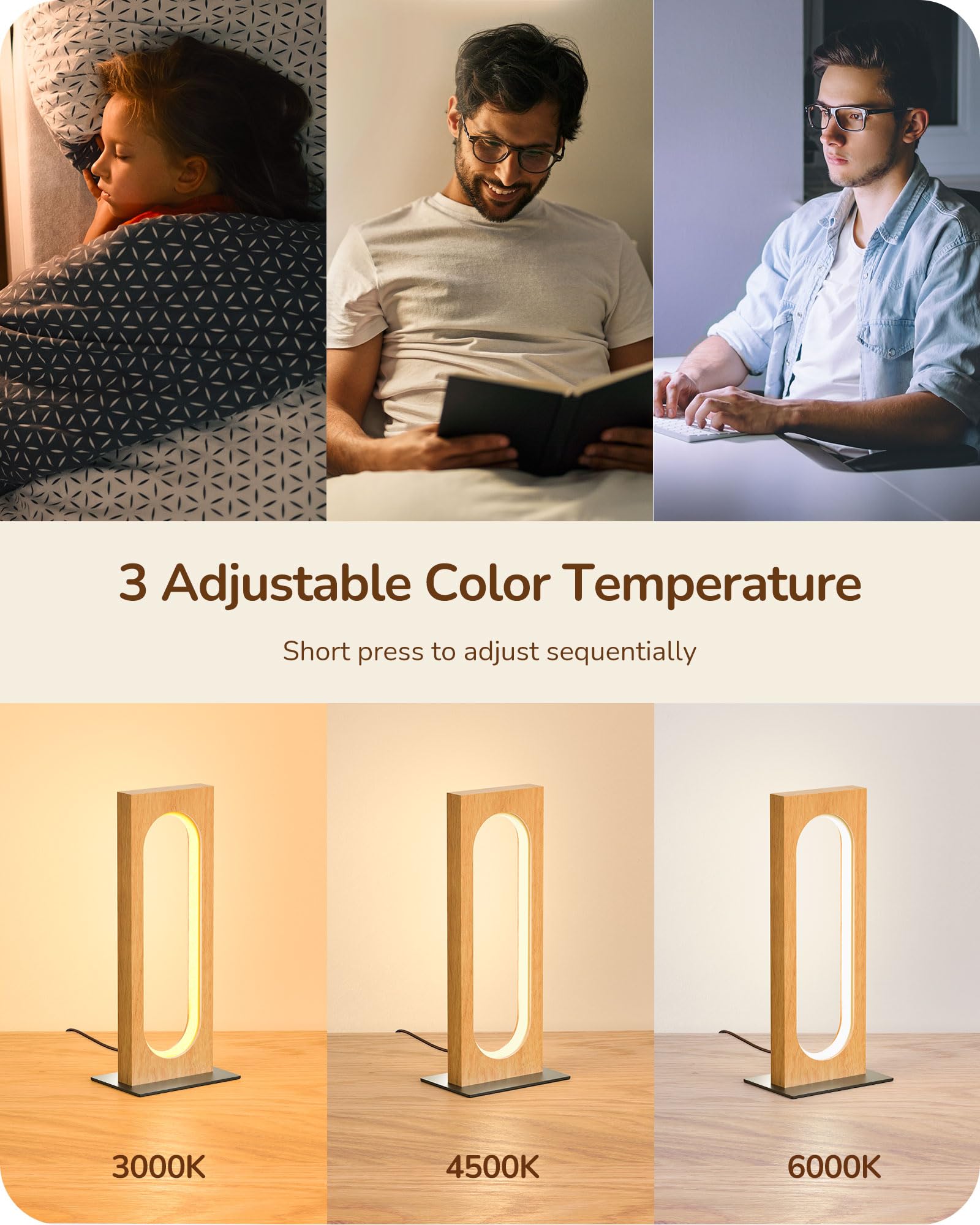 Edishine Led Table Lamp, Wooden Bedside Lamp With 3 Color Temperatures & Dimmable, Touch Control Square Nightstand Lamp For Bedroom Living Room, Memory Function, Dark Pearwood Color