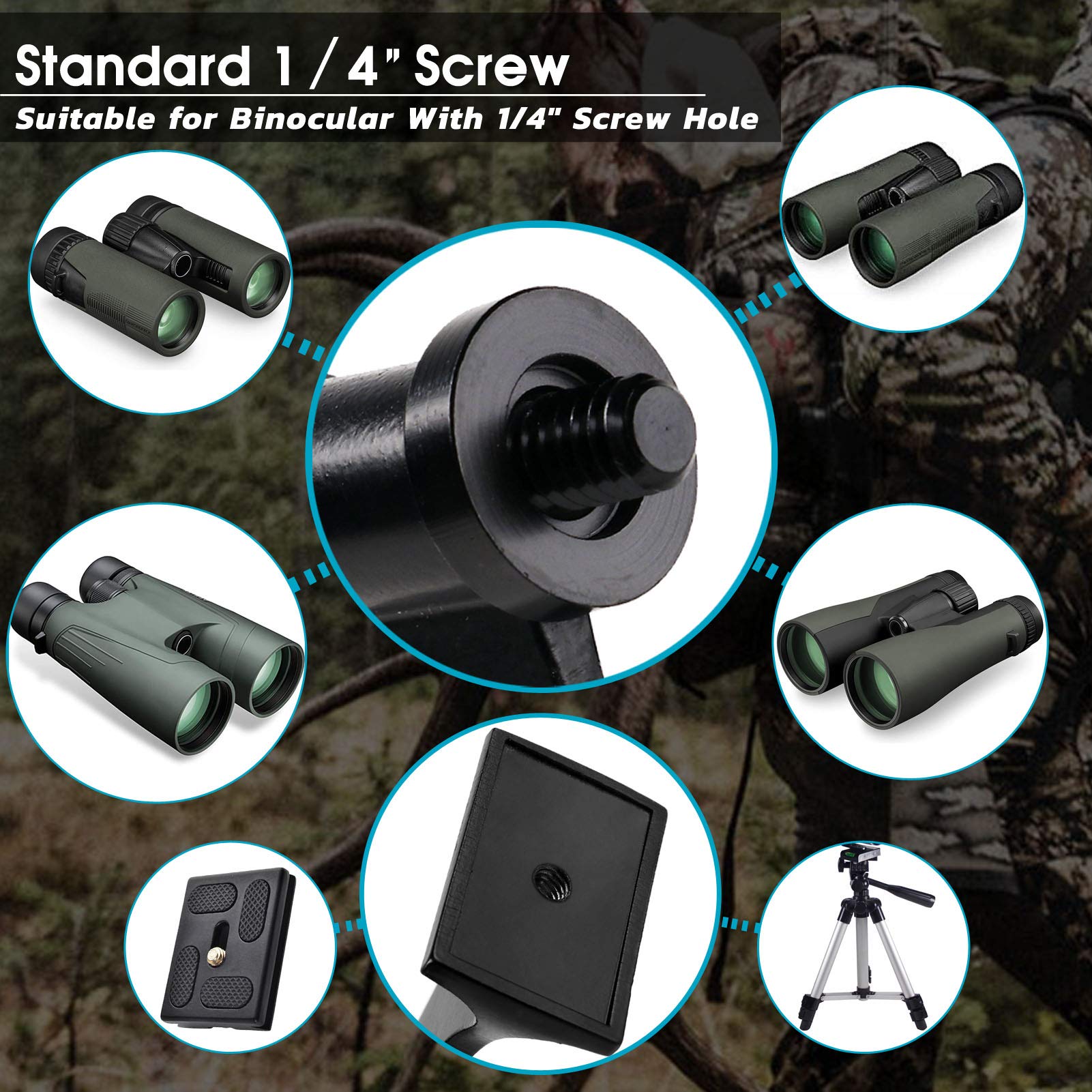 Tezoro Binocular Tripod Adapter, Binocular Mount 1/4 Inch Threading Mount Aluminium,Tripod Adapter For Bird Watching, Safari Sports Events, Optics Uni-Adaptor Tripod