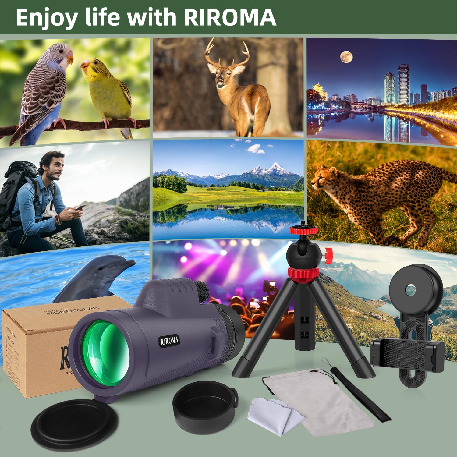 Riroma 40X60 Monocular Telescope With Smartphone Holder & Tripod, Power Prism Compact Monoculars For Adults Kids, Hd Monocular Scope For Bird Watching Hiking Concert Travelling Purple