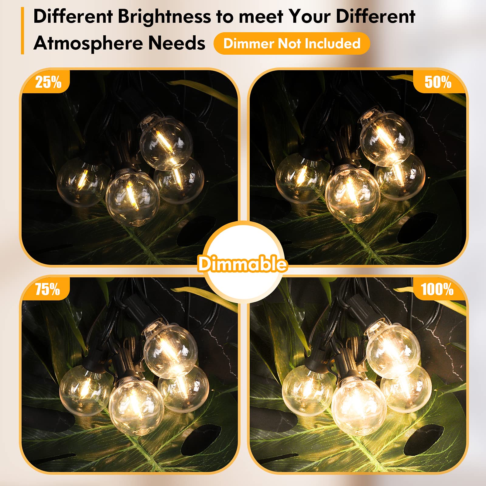 Brightever 100Ft Led Outdoor String Lights Patio Light With 52 Shatterproof G40 Dimmable Globe Bulb, 2-Pack 50Ft Waterproof Outside Hanging String Light For Christmas Backyard Porch Balcony Gazebo Party