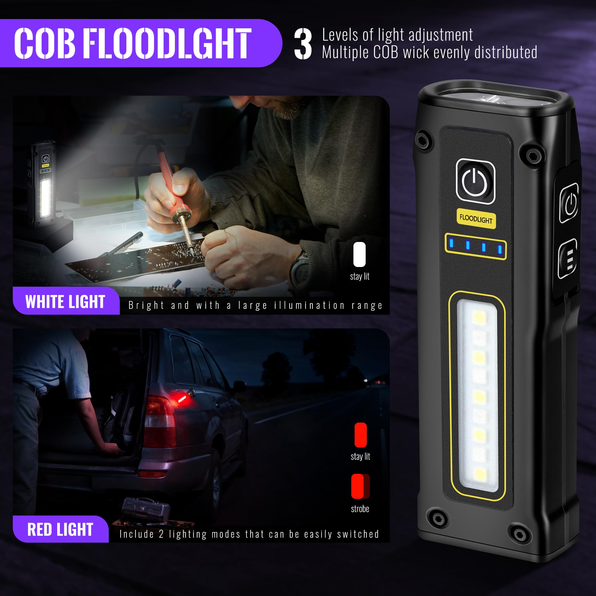 Vmtenmv Flashlight Uv Light 395Nm, Blacklight Edc Flashlights Mini Led High Lumen Usb -C Rechargeable Portable With Magnetic Base, Cob White & Red Light, Output Emergency Power, For Pet Urine, Resin Curing