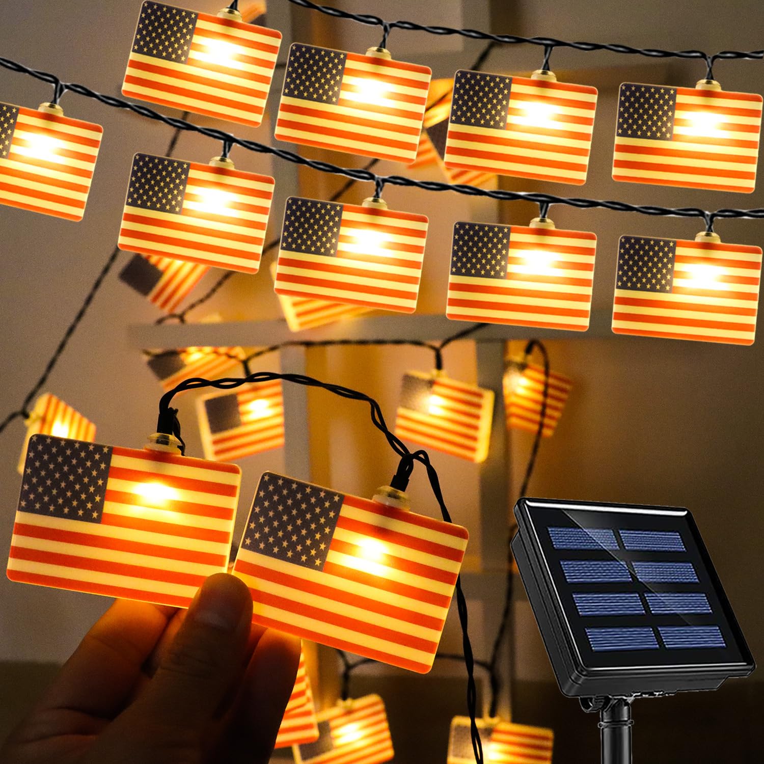 Hugsvik 4Th Of July Decorations- 30 Big American Flag Solar String Lights, Wateproof 4Th Of July Outdoor Lights, Us Flag Patriotic Lights For July 4Th, Christmas In July, Memorial Day Decorations
