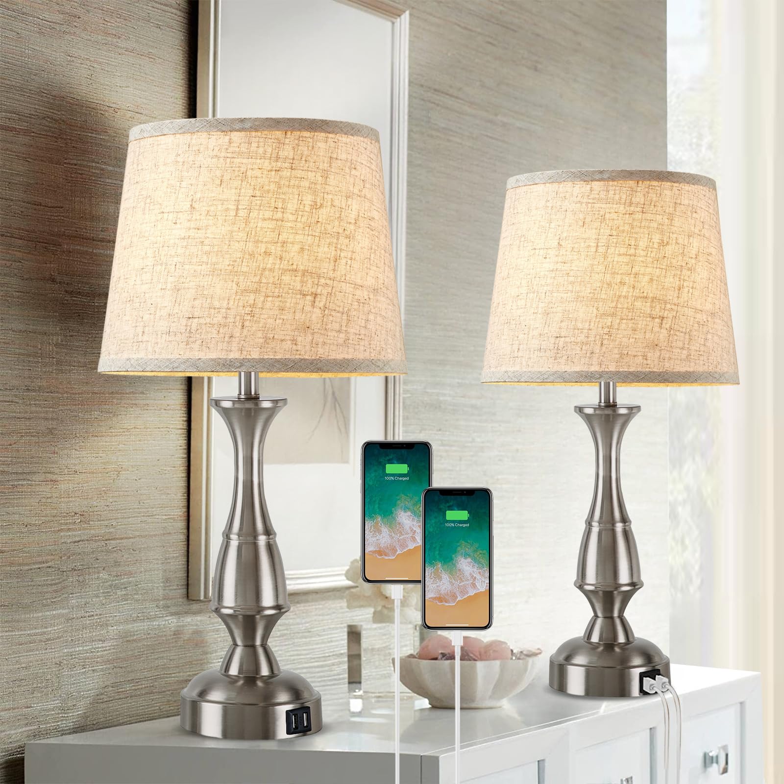 Gyrovu Tall Rustic Table Lamps With 2 Usb Charging Ports, 3 Ways Dimmable Touch Control Nightstand Bedside Lamps Bedroom Decor Farmhouse Table Lamp For Living Room Guest Room Bed Side End Table