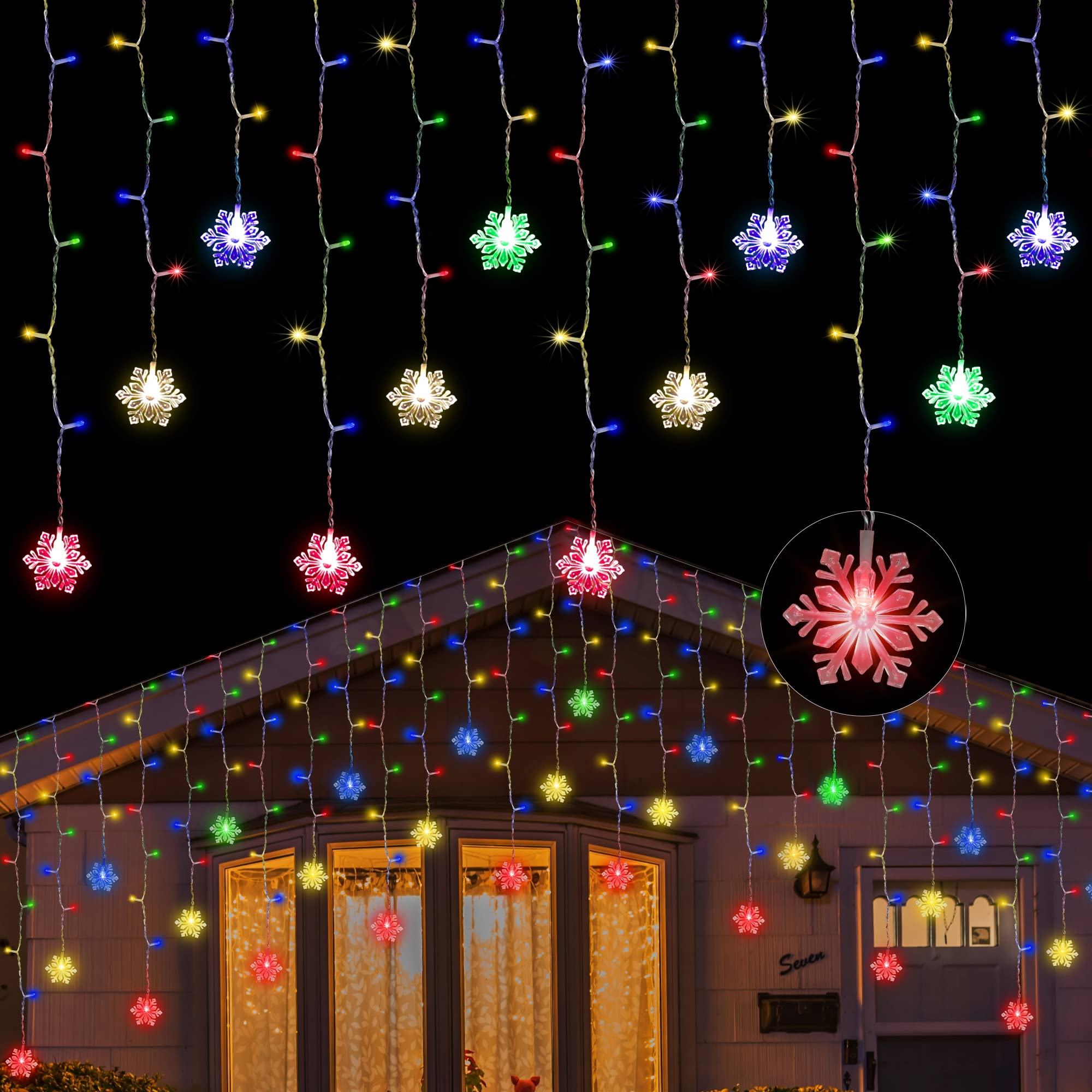 Kukuder 150 Led Icicle Lights With Snowflake,8 Twinkle Modes Curtain Lights,Hanging Fairy Lights For Outdoor Christmas Lights, Holiday Wedding Party Decoration (Multi-Colored)