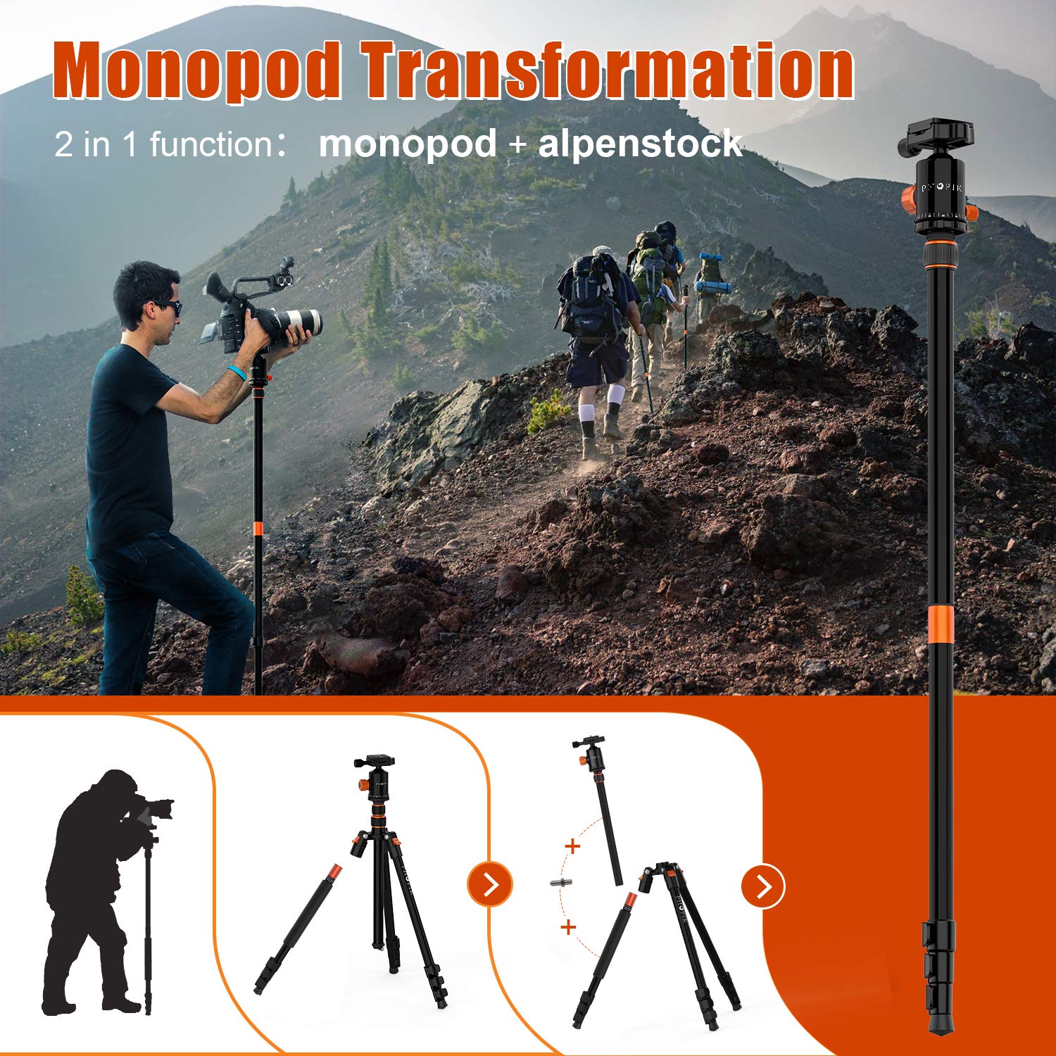Phopik 77" Camera Tripod,Travel Tripod For Dslr,Professional Tripod With 360 Degree Ball Head,Camera Tripods & Monopods With Carry Bag For Camera, Ipad,Phone,Lightweight Load Up To 17.6 Pounds