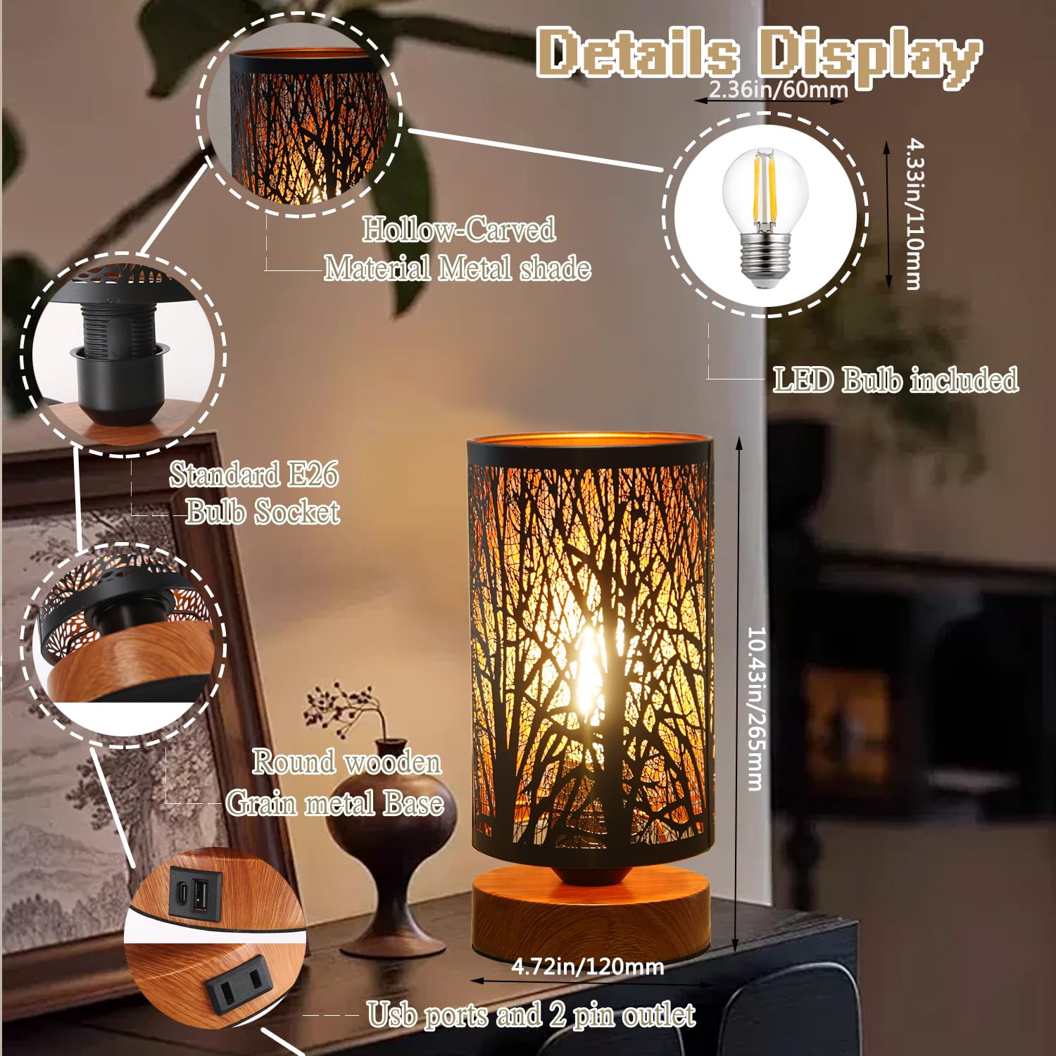 Tingsize Table Lamp For Night Stands, Bedside Lamp With Usb Port And Outlet, Touch Lamps For Bedroom, Bed Lamp With Metal Shade For Home Deor,Led Bulb Included