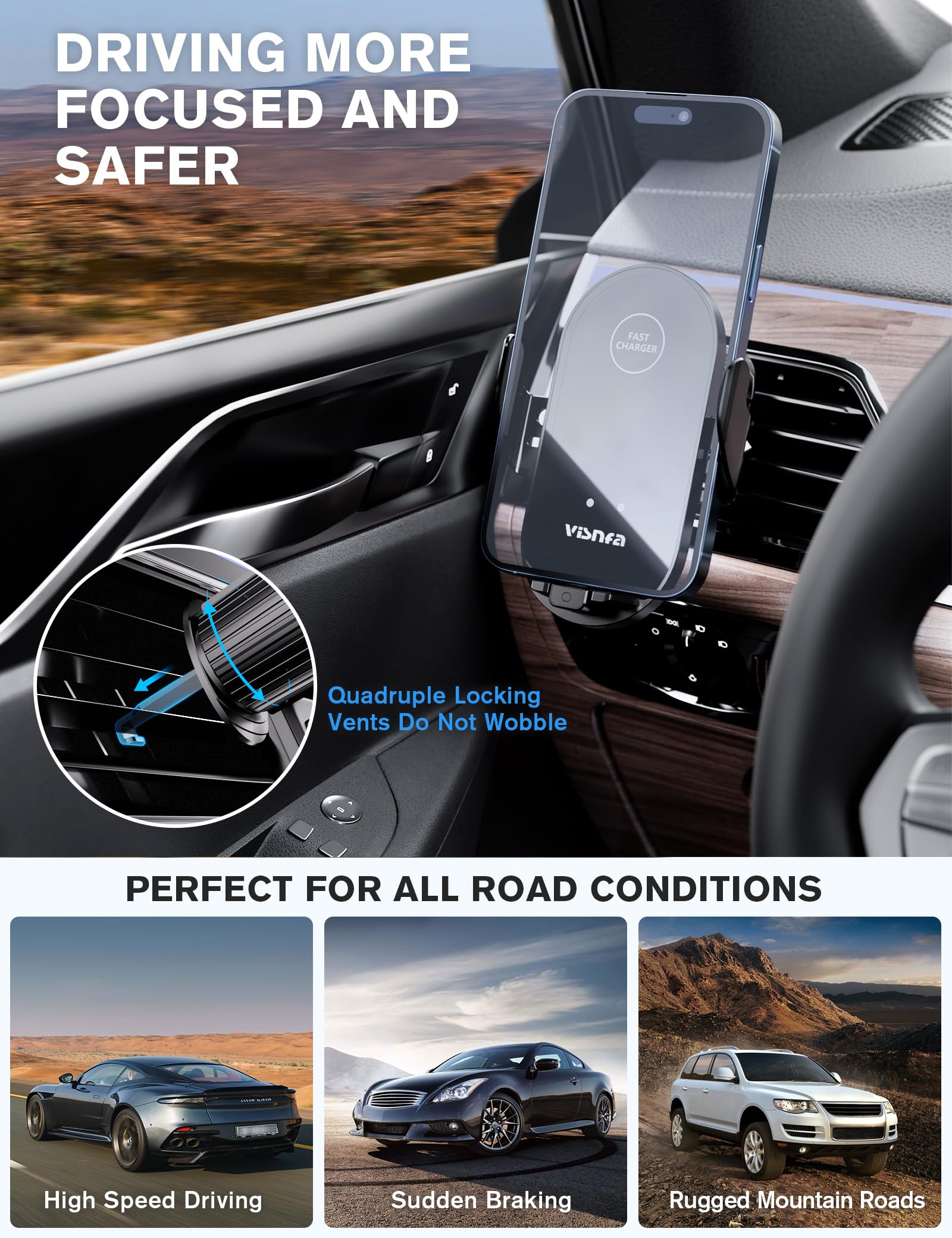 Visnfa Wireless Car Charger, 15W Fast Charging Car Phone Holder, 3 In 1 Phone Mount Auto Clamping Car Accessories Fit For Iphone 15/14/13/12 Pro/12/11/X/8, Galaxy S23 Ultra S22 S21/S10+, Etc, Black