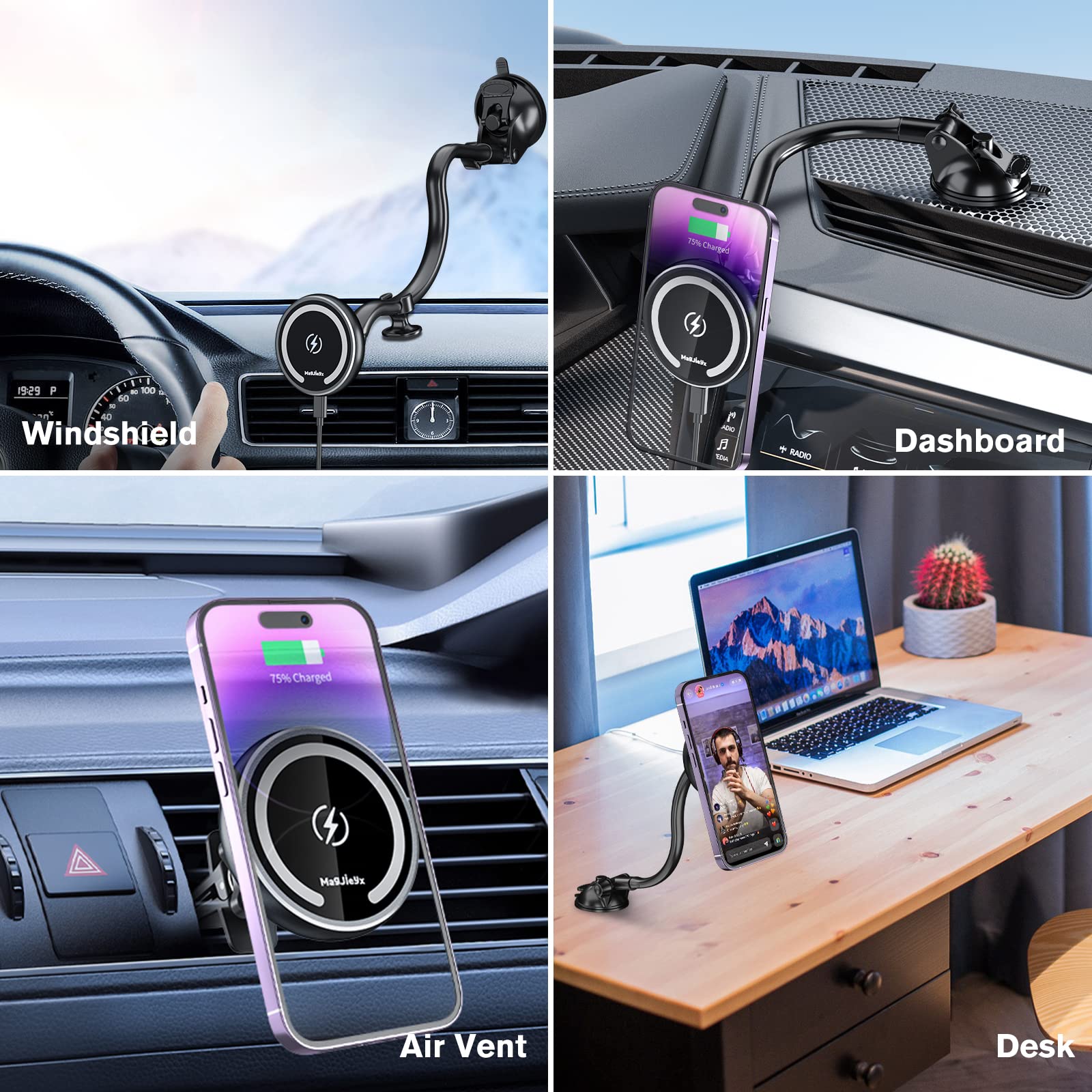 Magjieyx Fits Magsafe Car Mount Wireless Charger, Gooseneck Long Arm Suction Cup,Dashboard/Vent/Windshield For Iphone 16/15/14/13/12 Series/Magsafe Case/With Fast Charging[18W Qc 3.0Adapter]