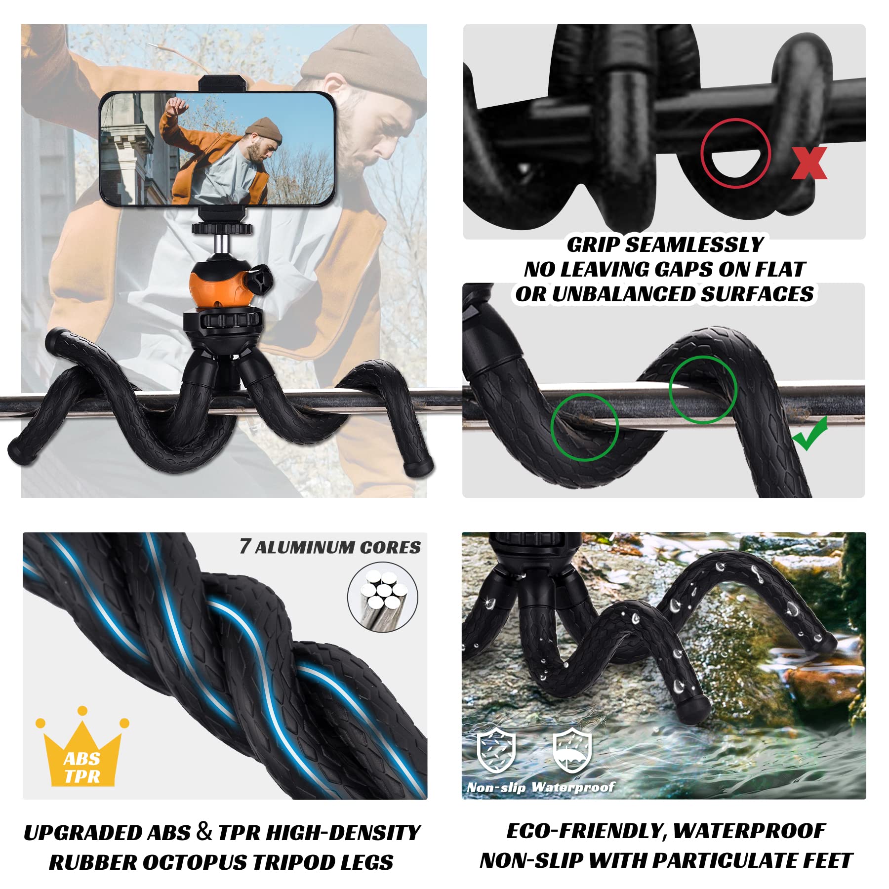 Phosnova Cell Phone Tripod Stand, Portable Flexible Tripod For Iphone With Wireless Remote, Camera Tripod, Double 360°Rotation Adjustable Mini Tripod For Iphone/Android/Gopro/Ipad/Dslr, Orange