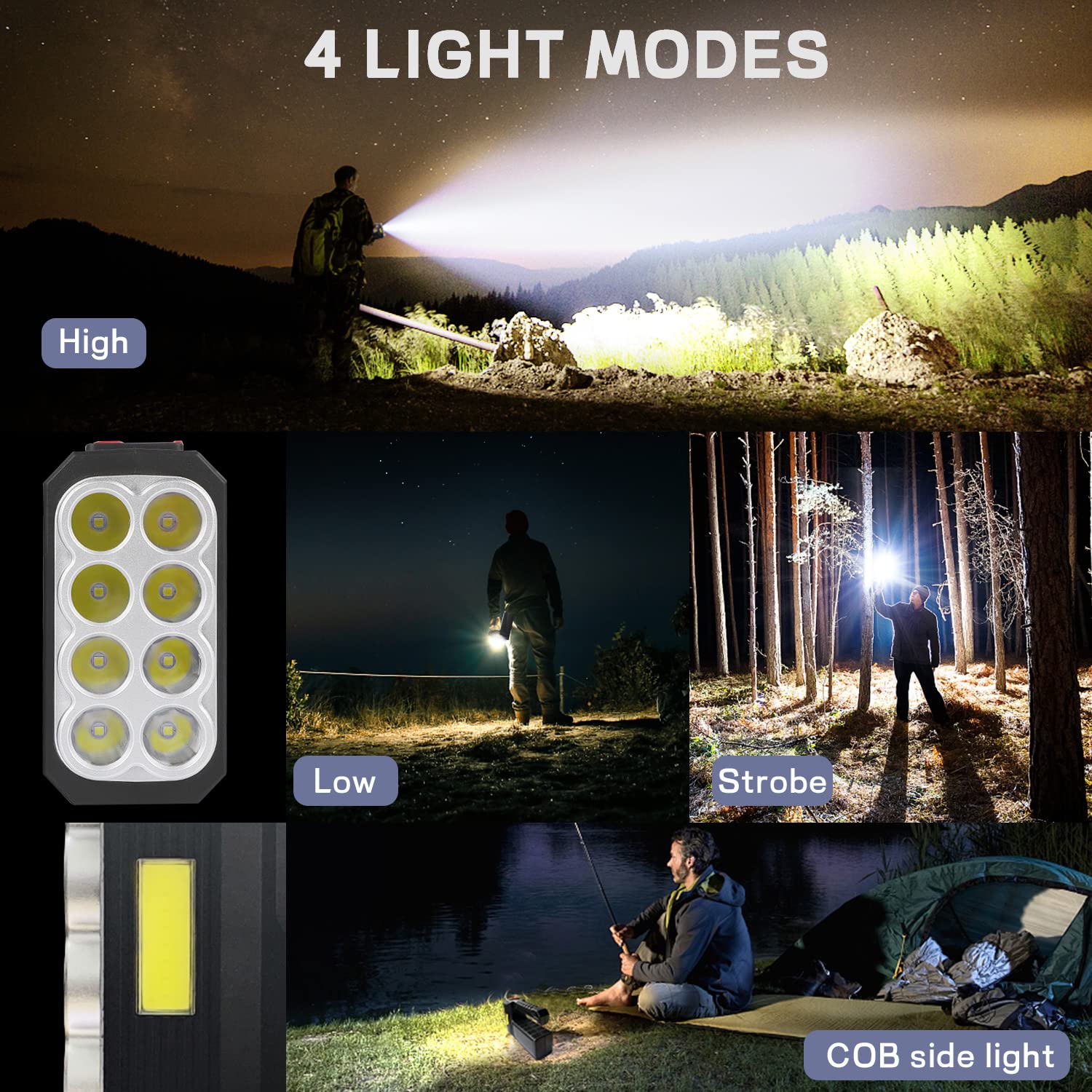 Sjpro 8 Led Solar Flashlight With Cob Sidelight, 1000 Lumens Solar Powered Flashlights, Solar Or Usb Charging Waterproof Handheld Flashlights With 3 Modes For Fishing Outdoor Camping Emergencies