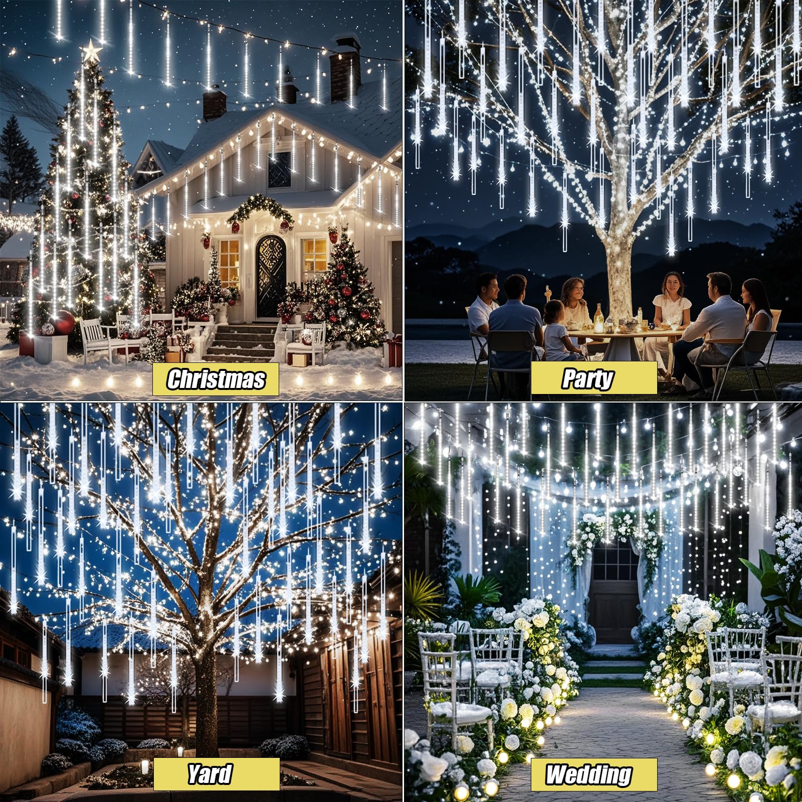 Adecorty Christmas Lights Outdoor, Meteor Shower Lights 8 Tubes 192Led Ul  Snow Falling Rain Cascading Icicle Light For Xmas Tree Christmas Decorations Outdoor Wedding Party Window, White