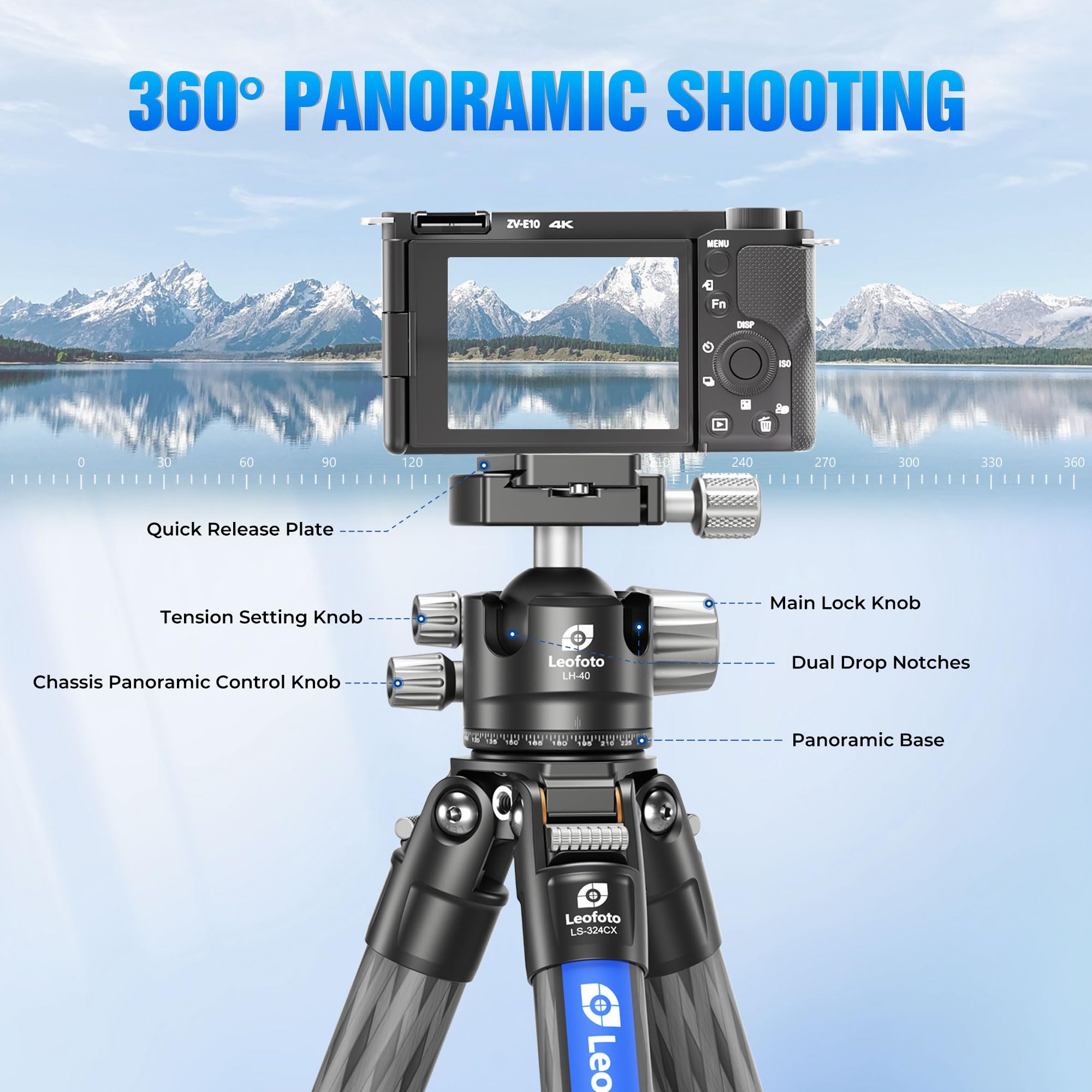 Leofoto 71" Travel Tripod Carbon Fiber For Camera, Compact Lightweight Tripod With 360° Panorama Ball Head, Qr Plate, Removable Center Column, Load Up To 15Kg/33Lbs (Ls-324Cx+Lh-40)