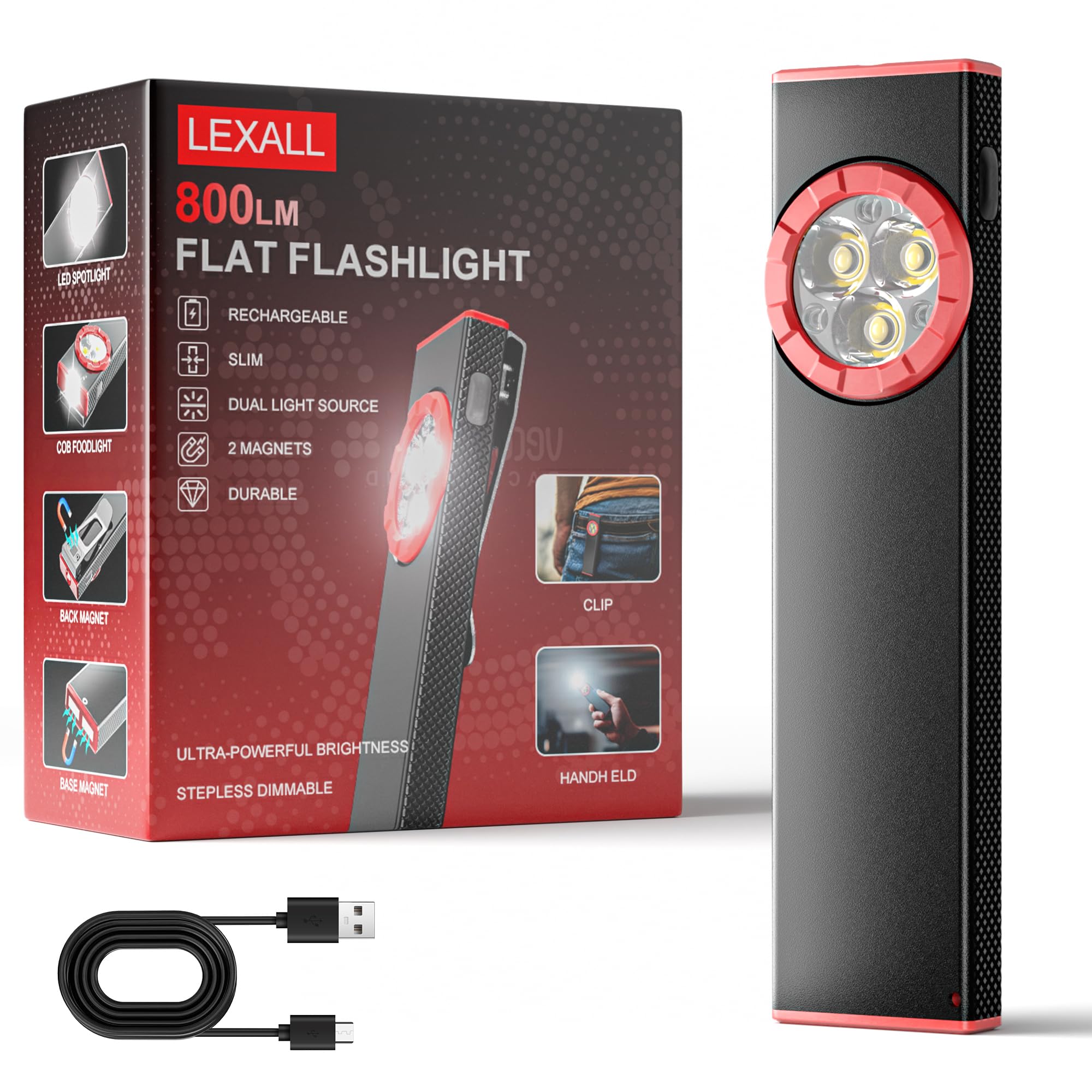 Lexall Pocket Flashlight, 800Lumen Rechargeable Edc Flat Flashlight, Magnetic Led Flashlight With Clip, Dimmable Three-Eyed Mini Area Light For Car Repairs/Inspection/Travel/Hiking/Emergency/Camping