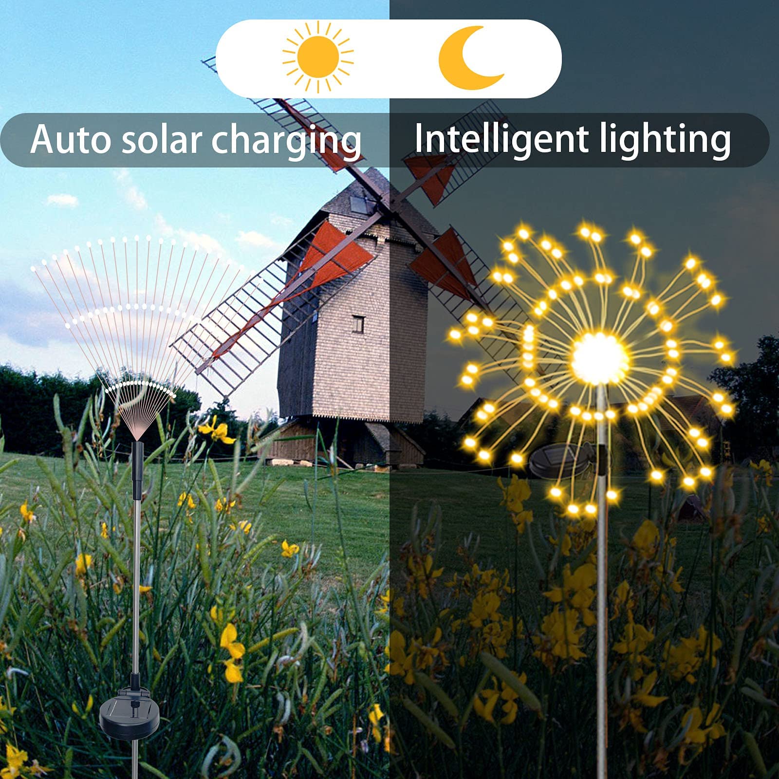 Xvz Solar Garden Light, 2 Pack  120 Led Solar Powered Firework Light,2 Modes And Waterproof Diy Outdoor Decoration Light For Walkway Pathway Backyard Christmas Party Decor（Warm White）