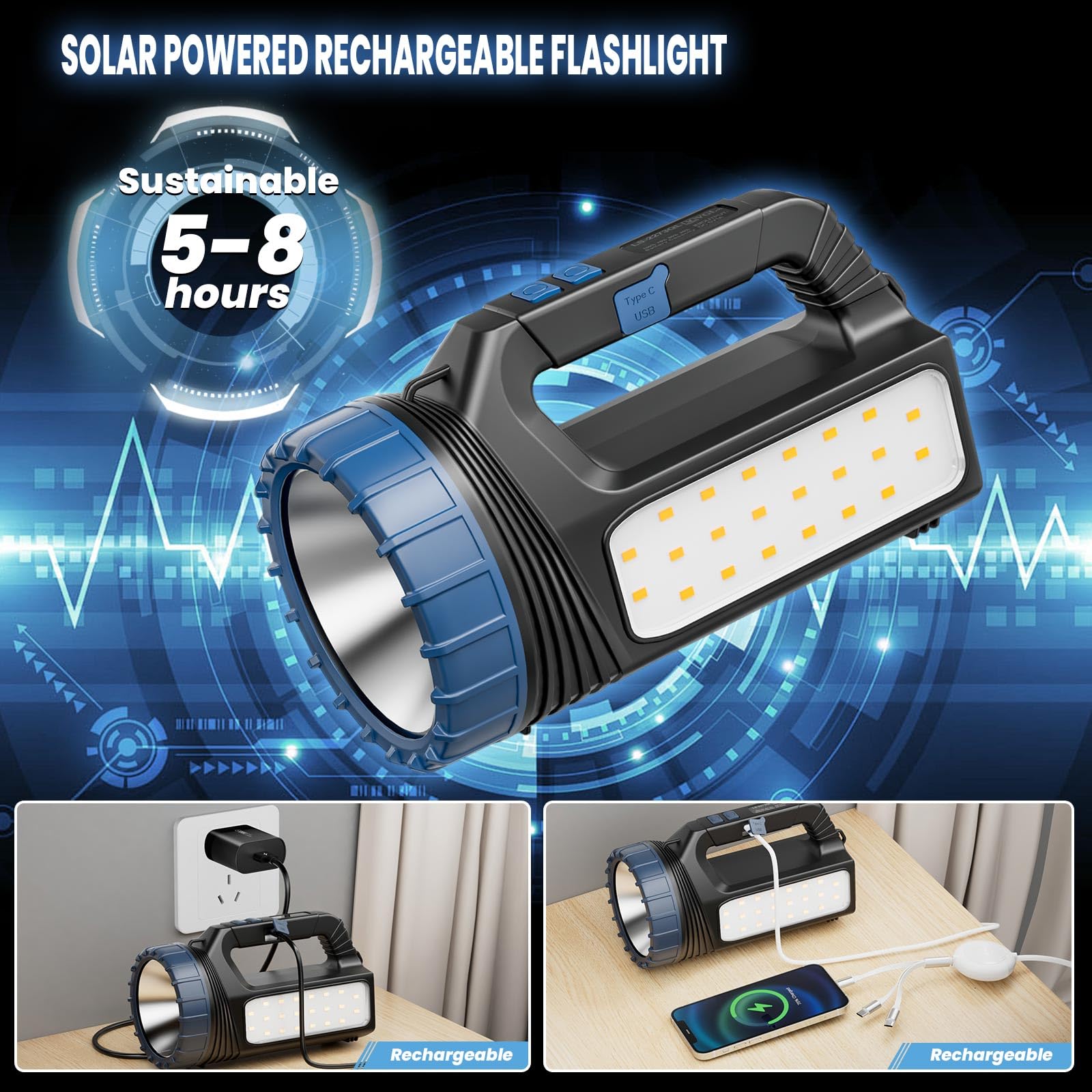 E-Shidai Solar Flashlights, Solar Flashlight Flashlights For Multi Function Led Flashlight With Emergency Strobe Light Emergencies, Led High Lumens, Usb C And Large Capacity Battery （4Pcs）
