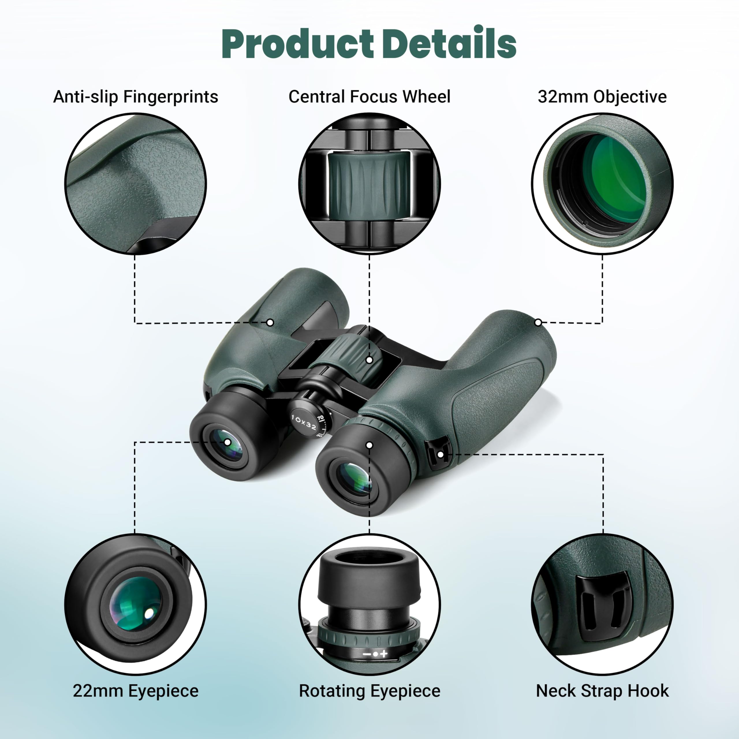 Esslnb 10X32 Binoculars For Adults, Outdoor Waterproof Compact Binoculars For Travel Bird Watching Hunting With Bak4 Prism Carrying Bag (Green, 10, X, 32, Millimeters)