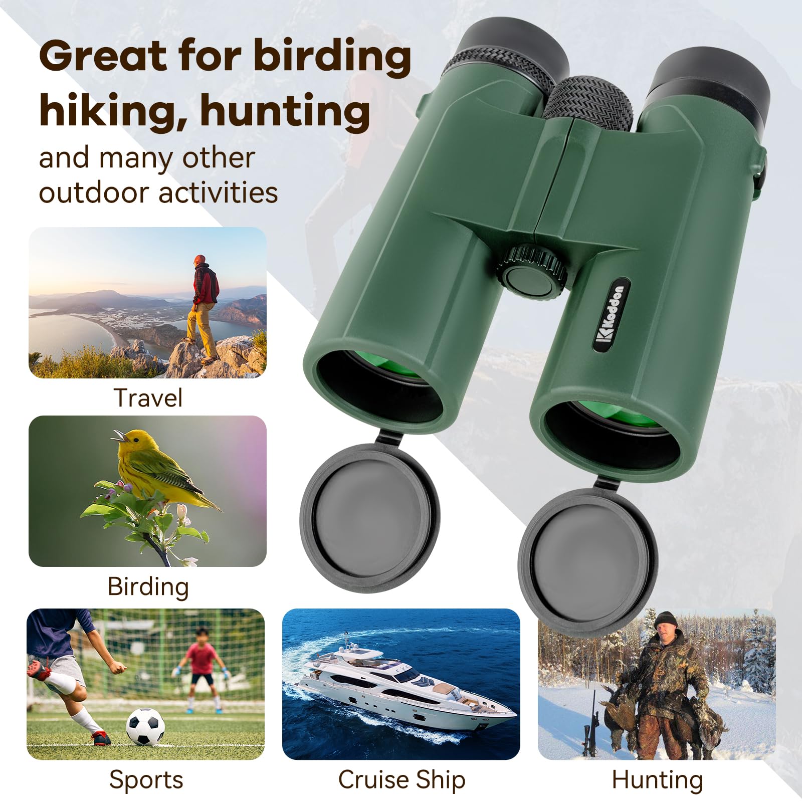 Koddon High Powered Binoculars For Adults - 12X42, Ideal For Bird Watching, Easy Focus With Low Light Vision For Outdoor Travel And Sports