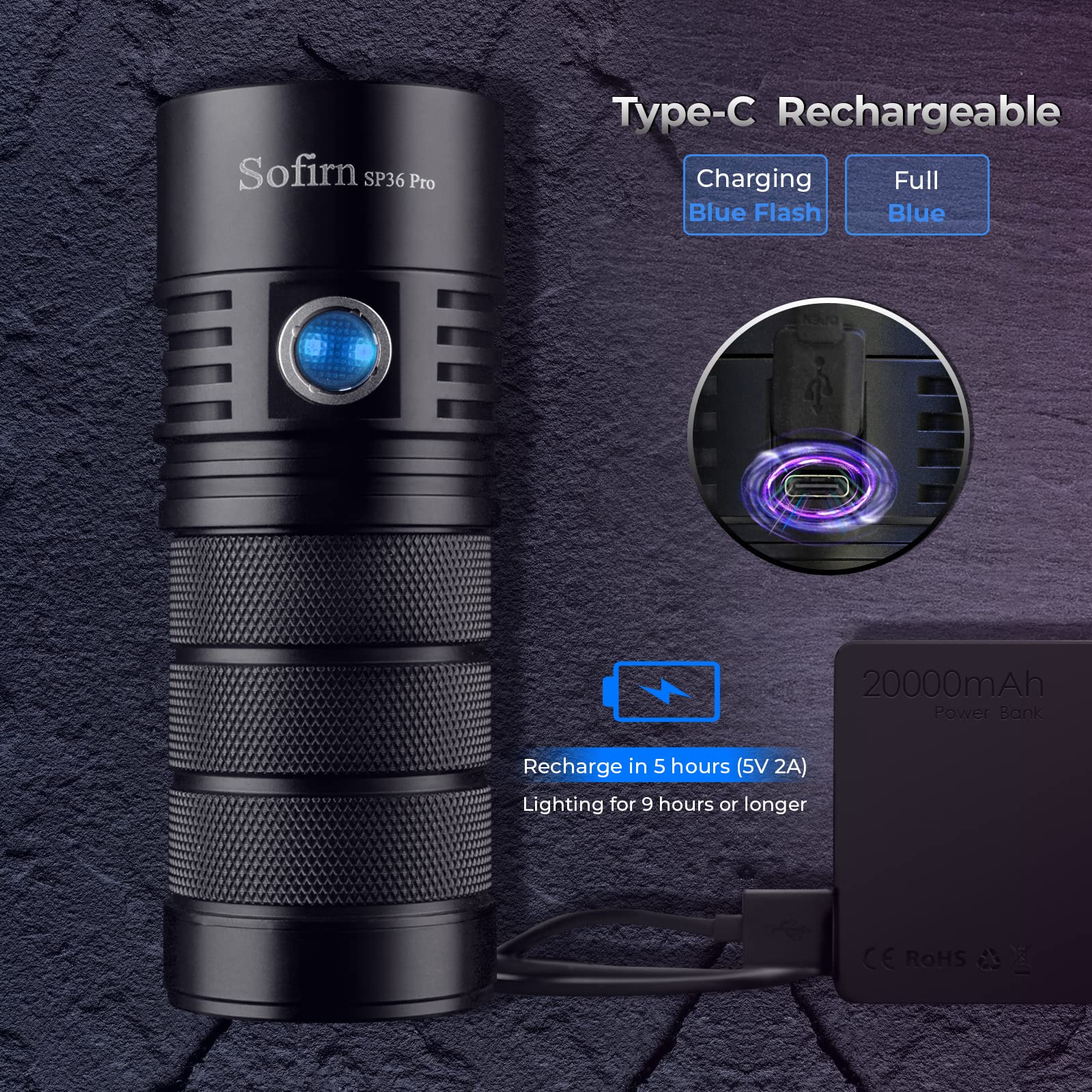 Sofirn Flashlight High Lumens, 8000 Lumens Super Bright Sp36 Pro Powerful Light Usb C Rechargeable With 4Led 5000K, Anduril 2.0 Programmable Ui And Charging Cable（Sp36Pro 5000K）