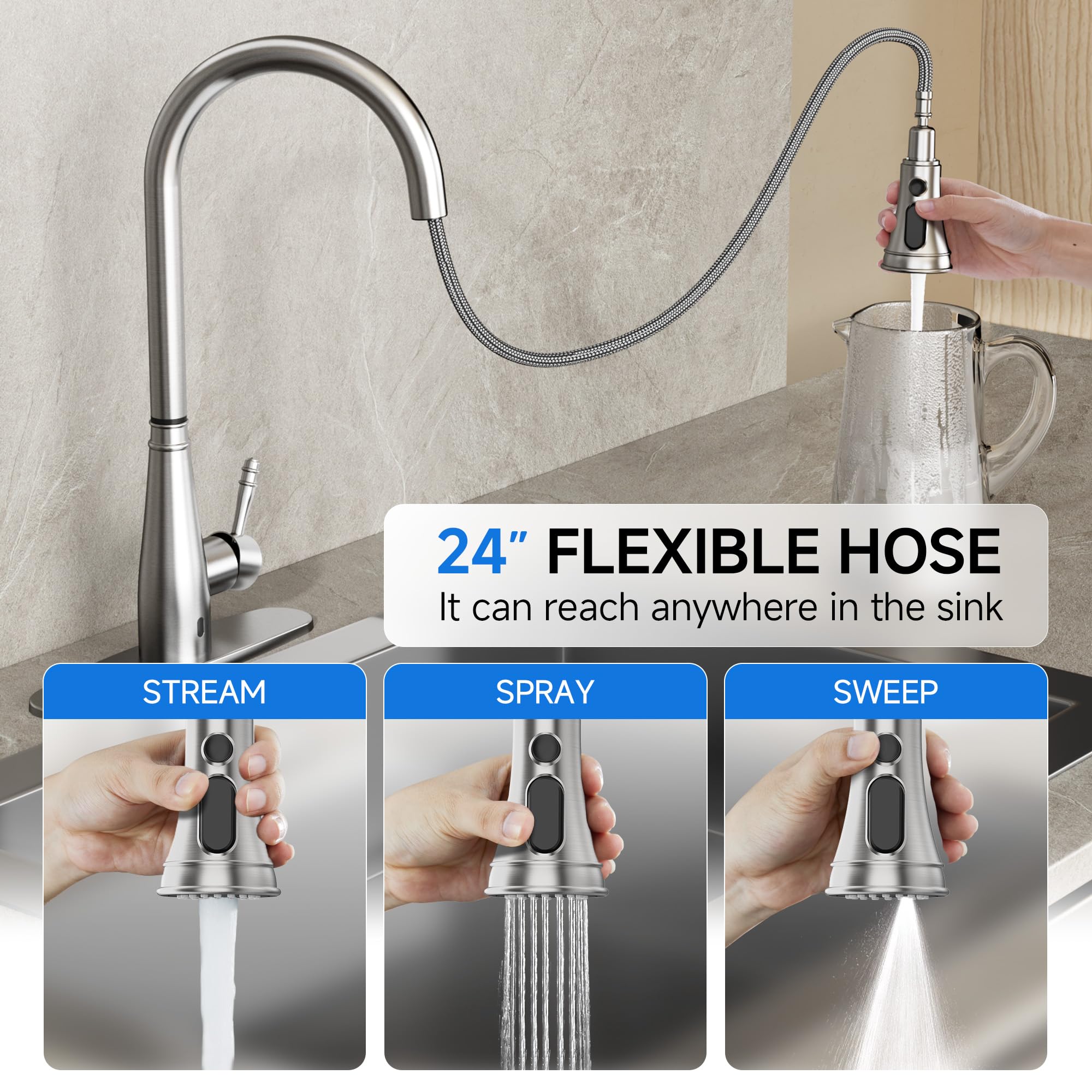 Kpaida Touchless Kitchen Faucets, Pull Down Kitchen Faucet, Kitchen Faucet With Pull Down Sprayer, 360° Swivel Infrare Motion Sensor Hands , Brushed Nickel