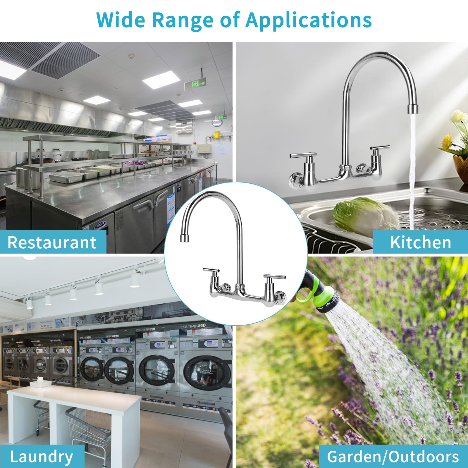 Tnroted Wall Mount Kitchen Faucet With 8" Gooseneck Swivel Spout, 8 Inch Center Commercial Kitchen Sink Faucet 2 Handle Wall Mount Utility Sink Faucet For Kitchen Restaurant Compartment Sink