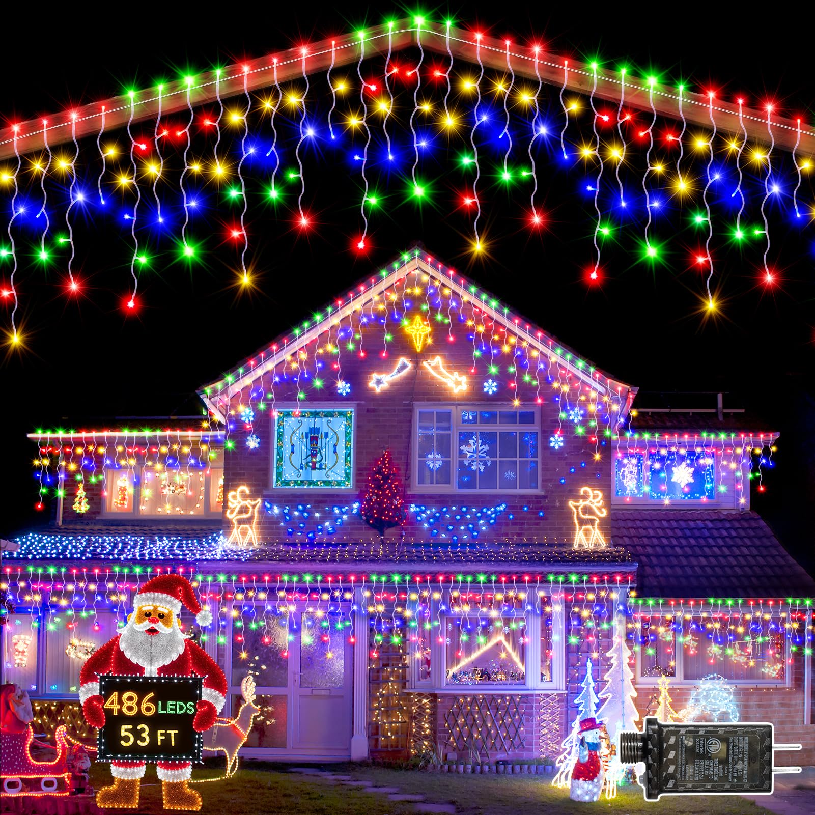 Jixxulvu Christmas Lights Outdoor, 53 Ft 486 Led Christmas Lights For Outside, Timer & Memory, Plug In 8 Modes Hanging Fairy Lights With 108 Drops For House Eaves Yard Patio Holidays Decorations, Multicolor