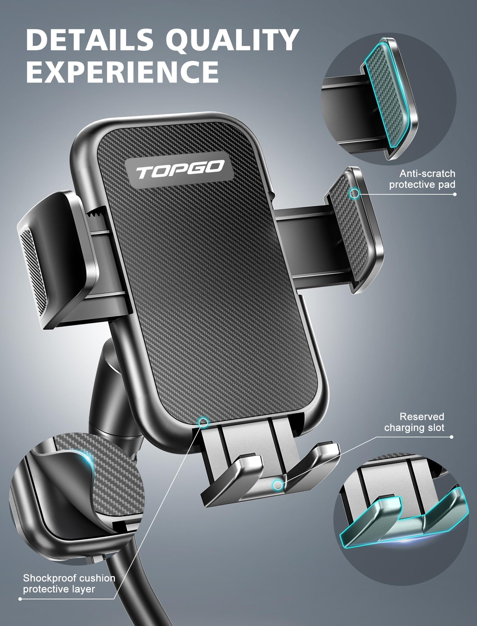 Topgo Cup Phone Holder For Car [  Ultra-Sturdy & Non-Shaking] Car Phone Mount With Adjustable Long Gooseneck Cell Phone Automobile Cradles For Iphone 16 Pro Max And More Smartphone - Black
