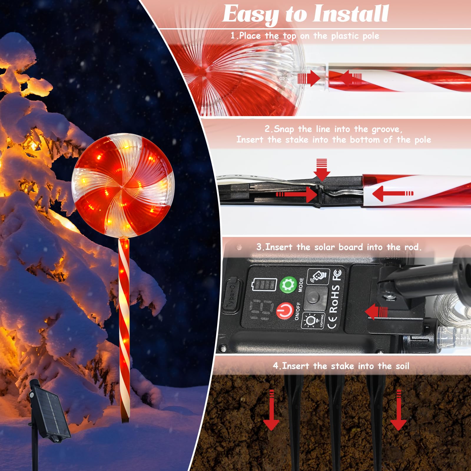 Lonfypeng Candy Christmas Decorations Pathway Outdoor Solar Lights, 29 Inches 80 Led Lollipop With 8 Modes Waterproof String, Outdoor For Yard Patio Walkway - 4Pcs