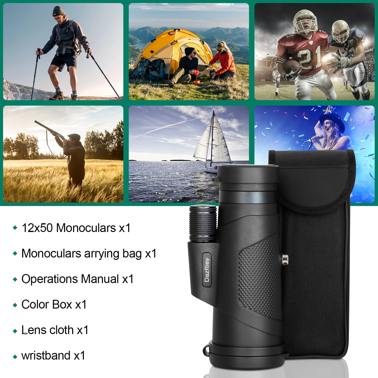 Dazftiey 12X50 Monoculars For Adults High Powered, Monocular Compact With Bak4 Prism And Fmc Lens, Clear Field Of View, Monocular Telescope For Smartphone, Lightweight Monocular For Birdwatching Sports Travel