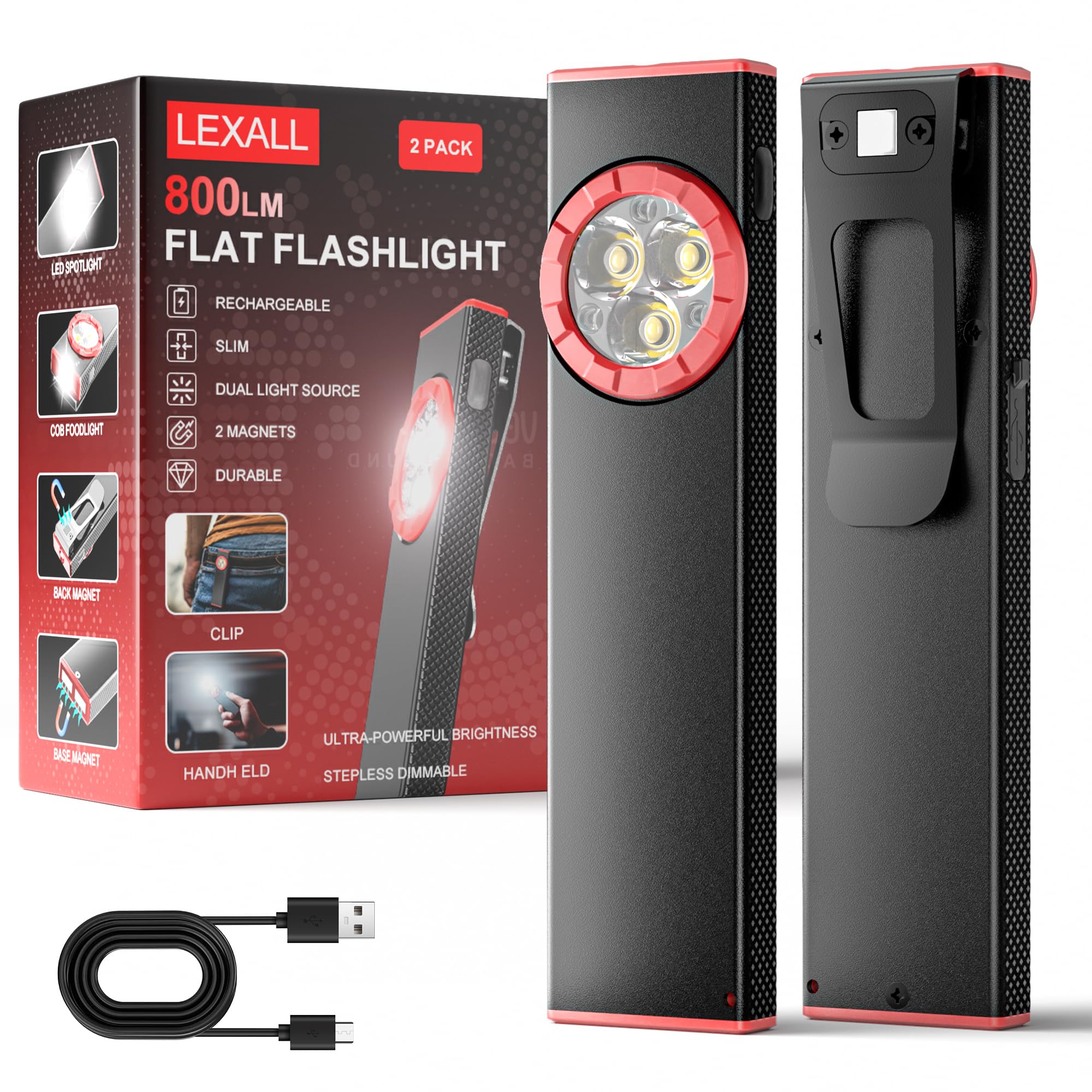 Lexall 2 Pack Pocket Flashlight, 800Lumen Rechargeable Edc Flat Flashlight, Magnetic Led Flashlight With Clip, Dimmable Three-Eyed Mini Area Light For Car Repairs/Inspection/Travel/Emergency/Camping