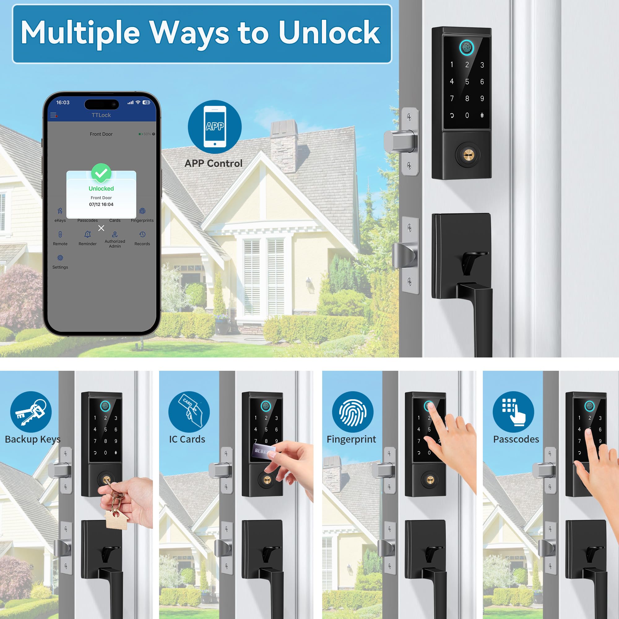 Bebasia Smart Door Lock With Front Door Handle Set, Heavy Duty Fingerprint Handleset, Keyless Entry Door Lock, Smart Deadbolt For Front Door, Bluetooth Keypad Digital Lock Black