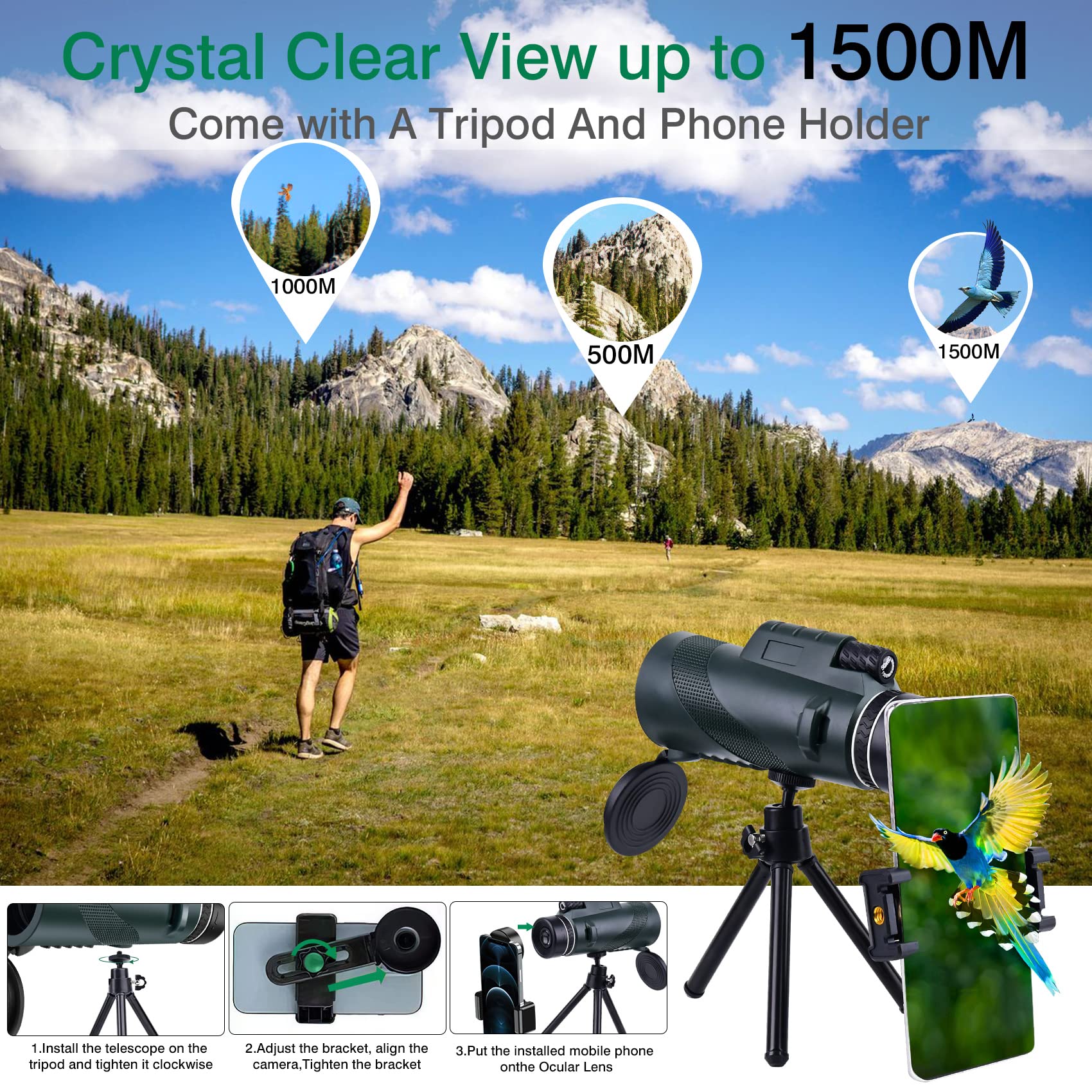 Foleto 50X60 Monocular Telescope, Monoculars For Adults High Powered, High Power Hd Compact Monocular Bak-4 Prism And Fmc Lens, Stargazing Hunting, Wildlife Bird Watching, Travel Camping, Hiking (Green)