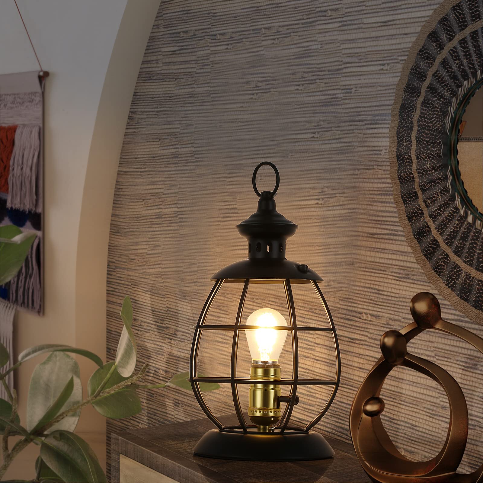 Cosylux Antique Industrial Electric Lantern Table Lamp For Bedroom Bedside, Metal Cage Shade Reading Desk Lamp With Hanging Hoop For Living Room, Modern Retro Mid-Century Farmhouse Décor Black(No Bulbs)