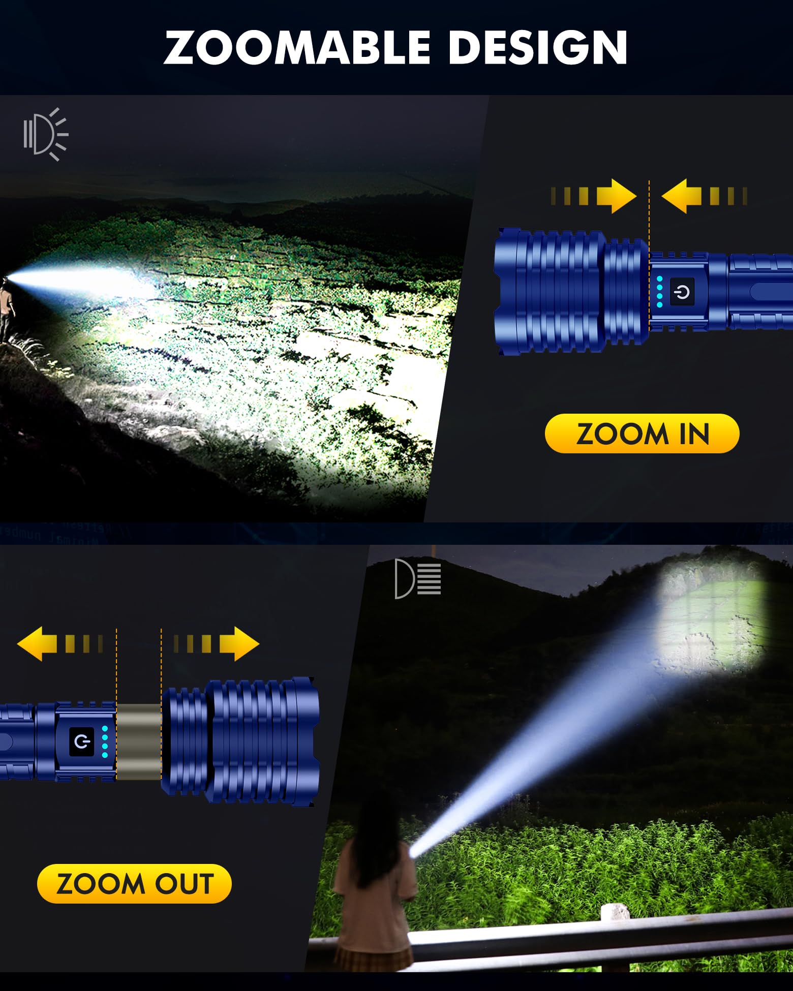 Baibian Super Bright Flashlight 2400000 High Lumens, Handheld Flashlight Rechargeable Powered By Battery, Led Waterproof Tactical Flashlights-Zoomable 5 Modes-31H Runtime-Holster For Emergency Camping (Blue)