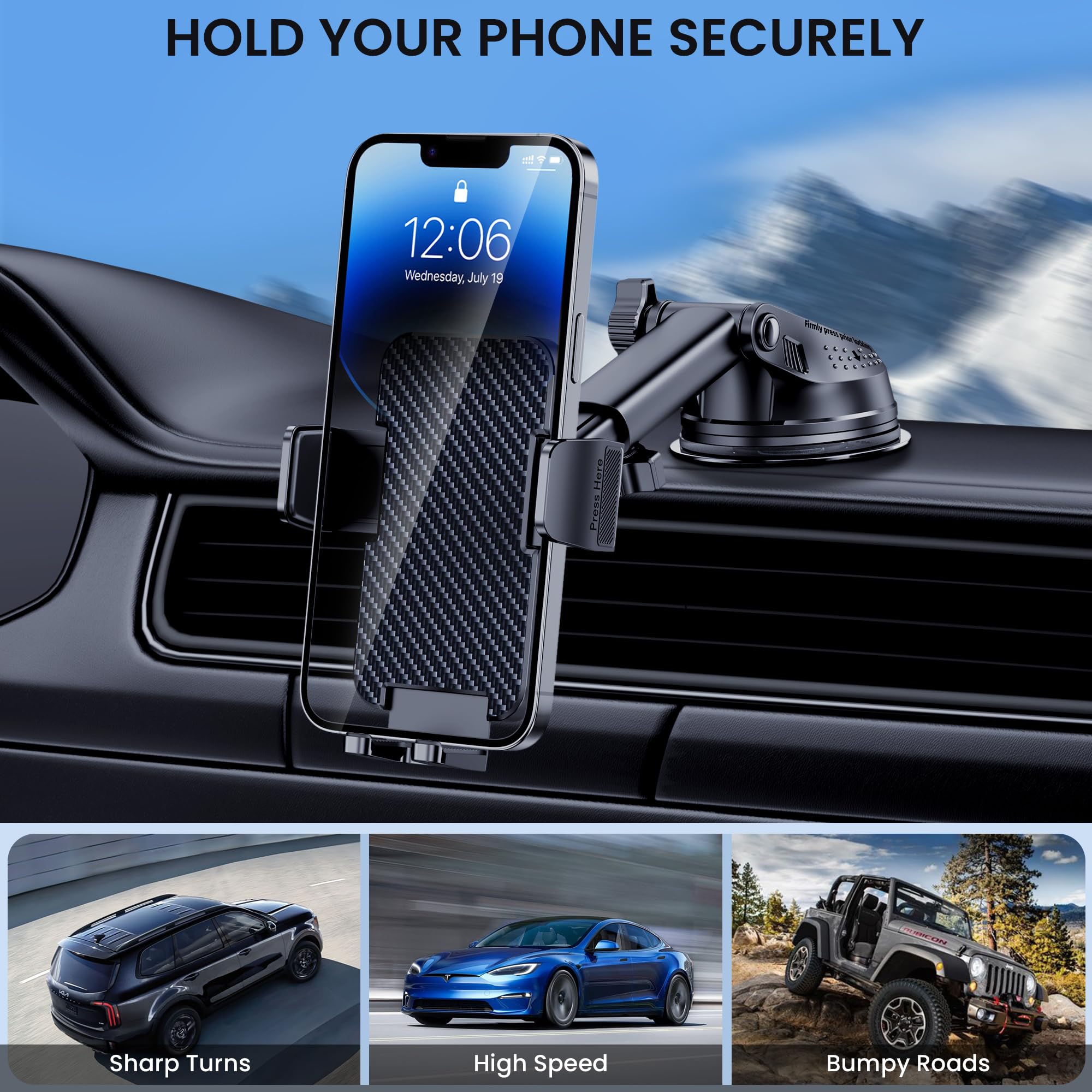 Bivgaza Phone Holder Car [Military-Grade Suction] Universal Car Phone Holder [Thick Case Friendly] Automobile Accessories Dashboard Air Vent Windshield Phone Mount Fit For Iphone Android Smartphones