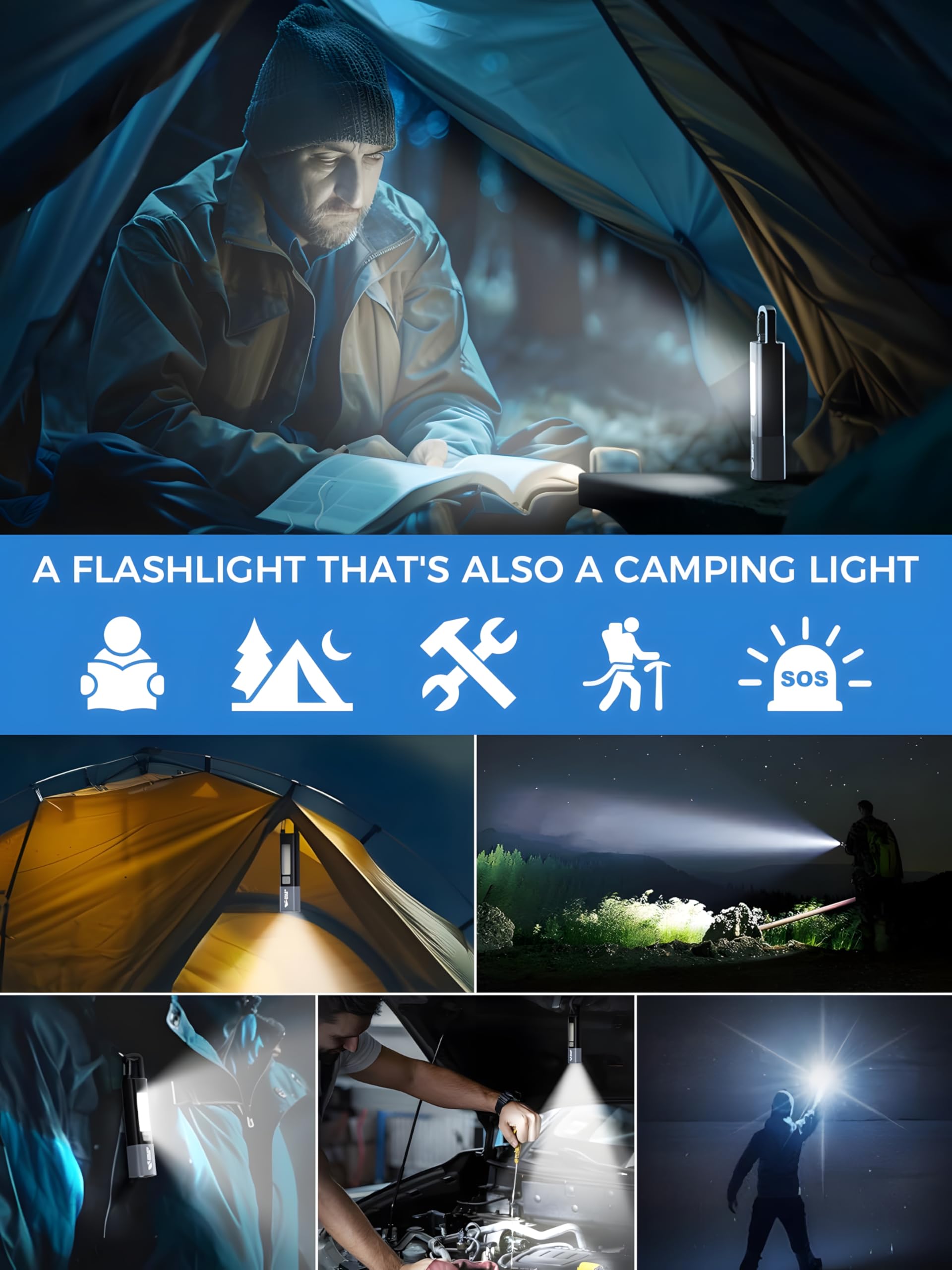 Dubom 1200Mah Portable Torch Led Work Light, Cob Side G1 Flash Light, 3 Modes Zoomable Focus White Waterproof Powerful Super Bright Edc, Outdoor Emergency, Mini-Rechargeable, Camping Flashlight (2, Black)