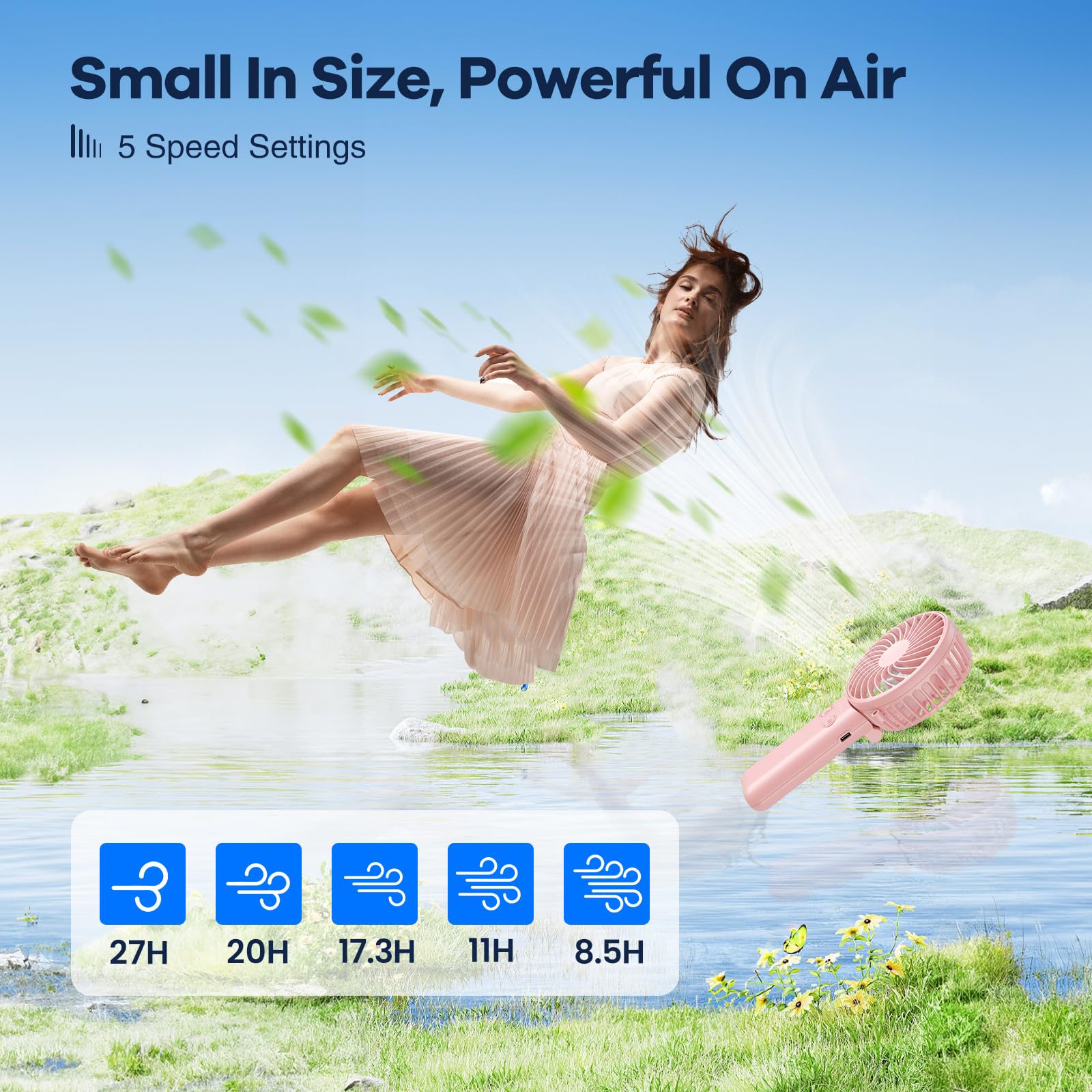 Handfan Handheld Fan, 5 Speeds Strong Airflow Hand Fan [Max 27 Working Hours], 180° Foldable Compact