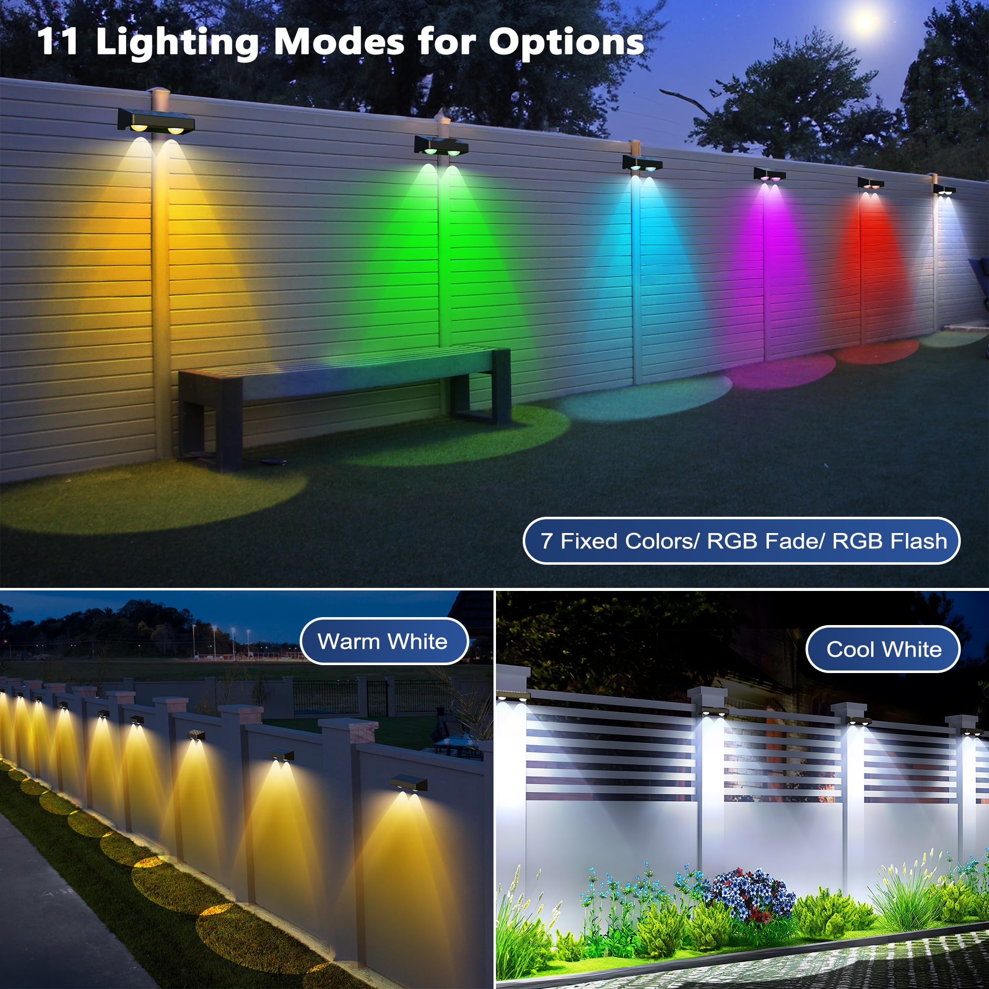 Brizled Solar Fence Lights Outdoor, 8 Pack 11 Modes Warm White & Cool White & Rgb Solar Wall Lights, 100 Lumens Color Changing Deck Light Ip65 Waterproof Outdoor Lighting For Railing Wall Deck Fence