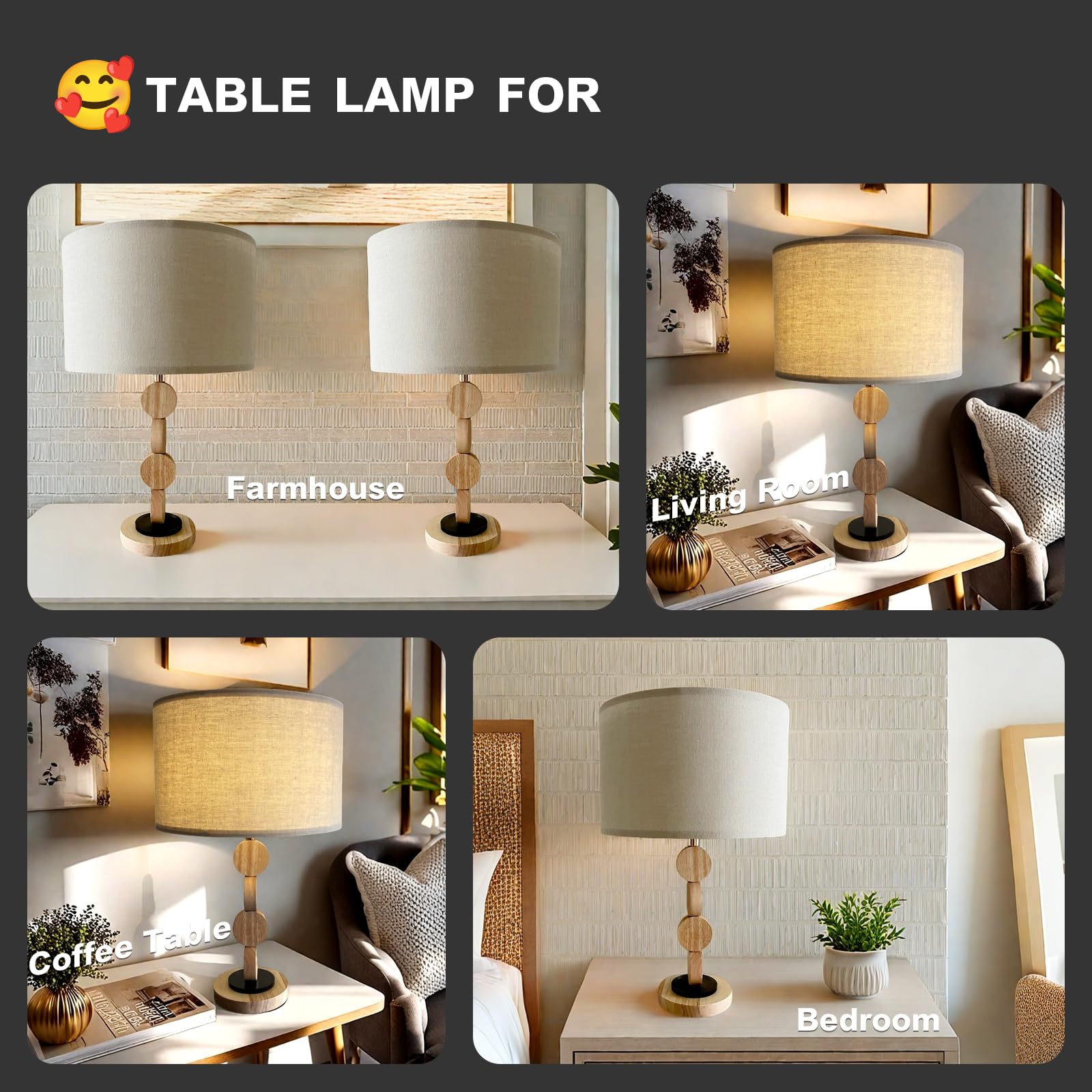 Jingoe 18.8" Modern Wooden Table Lamp Set Of 2, Solid Wood Modern Living Room, Nightstand Bedroom Farmhouse Table Lamp, Linen Lampshade (Includes 2 Bulbs)
