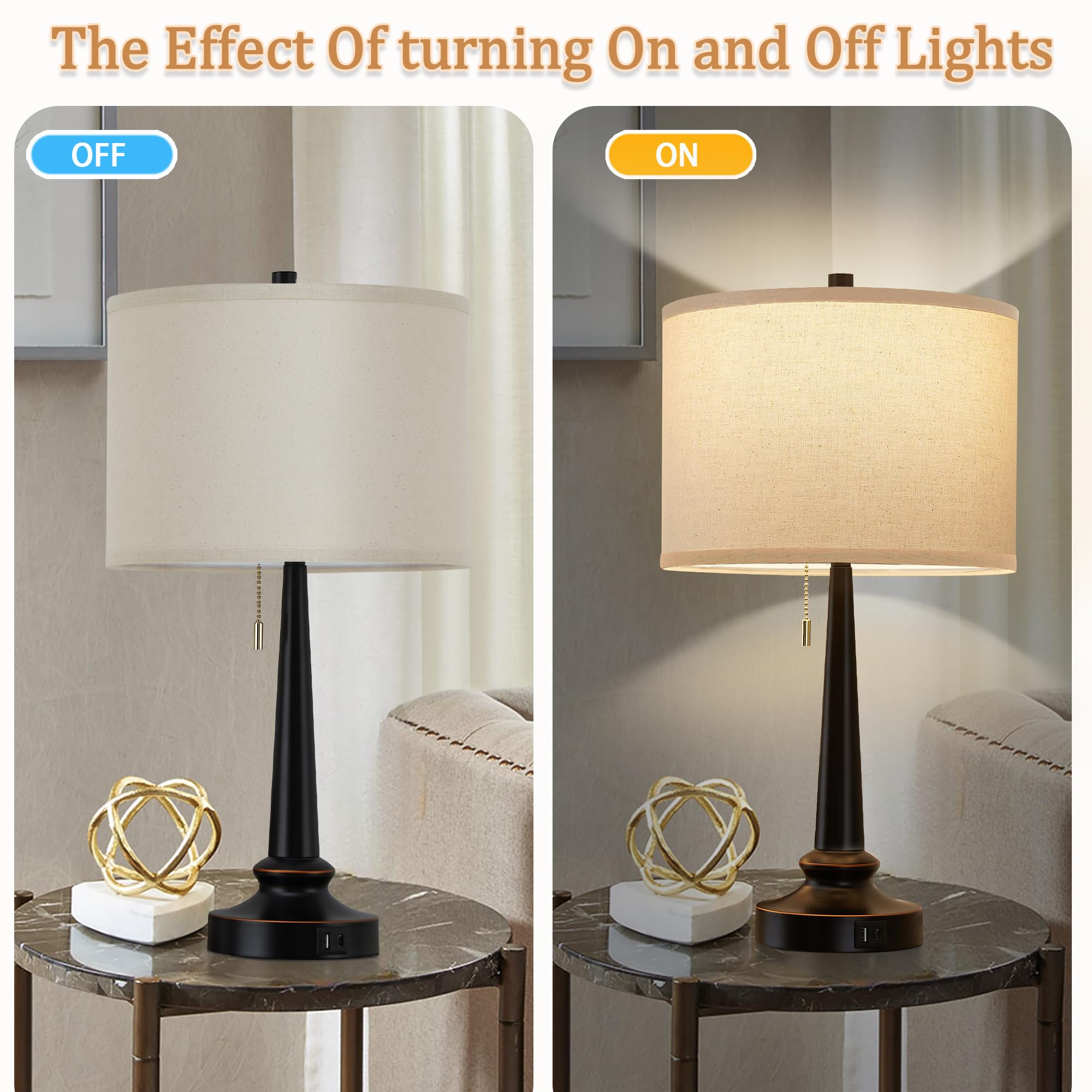 Gyrovu Table Lamp Set Of 2, Beside Lamps With Usb-C+A Nightstand Lamp With Pull Chain Swtich Modern Led Table Lamp For Living Room, Bedroom & Office-9W Led Bulbs Included(Black Set Of 2)